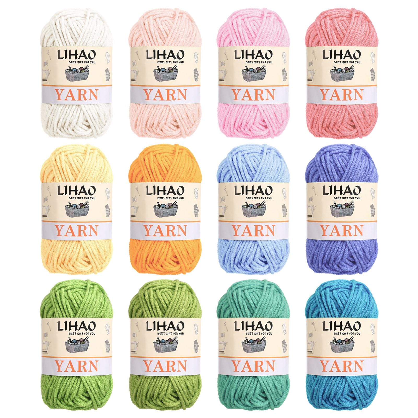 LIHAO 毛糸 中細 12色セット 4本撚り アクリル 糸 1玉15g 約26m 編み物 編み糸 織り糸 ぬいぐるみ用糸