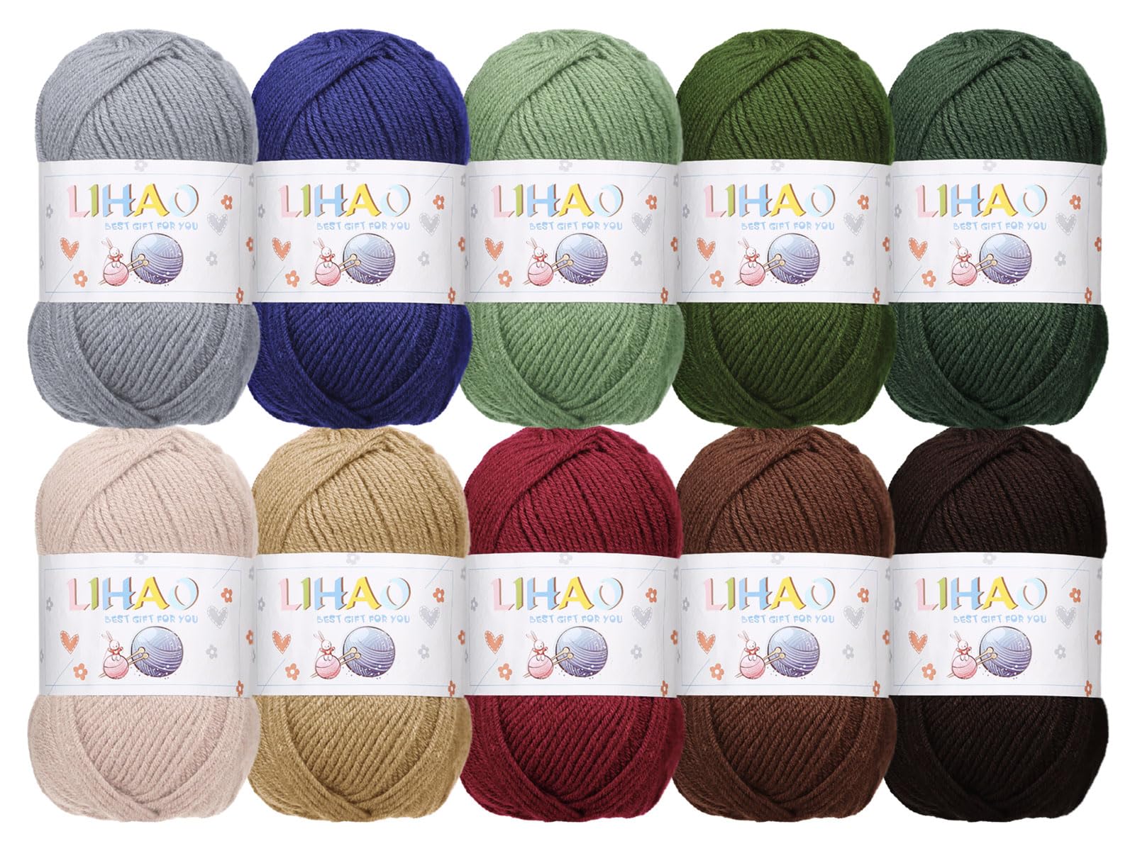 LIHAO 毛糸 1玉50g 10色セット 中細 アクリル 糸 並太 約180m 編み物 編み糸 織り糸