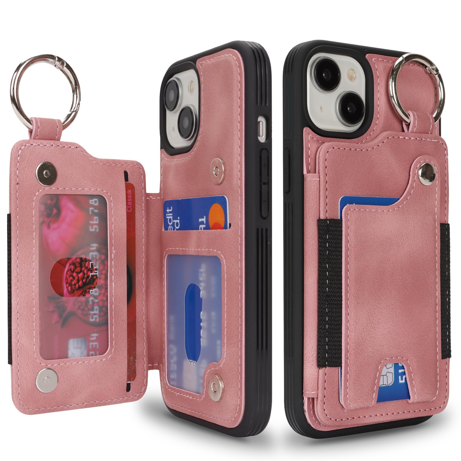 SailorTech ケース iPhone 15 背面ケース翻盖型 指リング機能付きカード ホルダー付き女性用, アイフォン15 手帳ケース 横置き機能 スロット付き おしゃれなケース iPhone15 ケース 背面収納 6.1in-ピンク