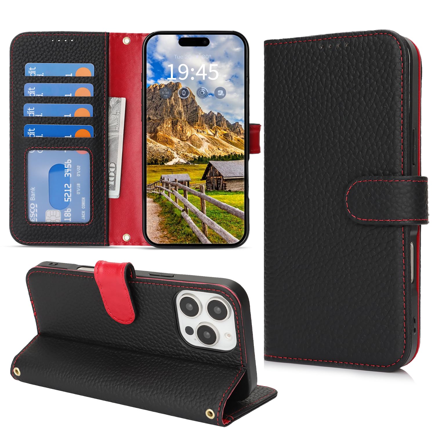 樂天商城 - DEYHU 対応 いphone14pro ケース 手帳型 カード収納 スタンド機能 iphone14pro ケース 本革 大容量 財布型 耐衝撃 iPhone 14 Pro ケース 手帳型 iPhone14Pro レザー カバー 黒と赤