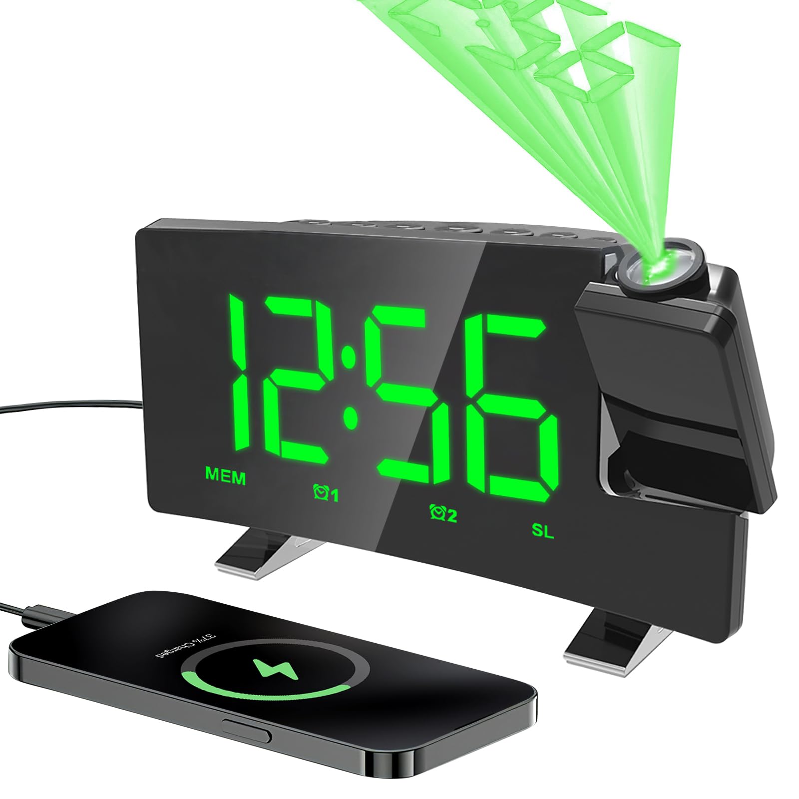 GHDVOP 目覚まし時計 LEDデジタル投影時計 置き時計 7インチ大画面 見やすい 天井投影 時計 180°回転投影 オシャレ 自動調光 4段階明るさ調整 FMラジオ 12H/24H時間表示 アラーム/スヌーズ機能 夜間ライト付 携帯充電可 記憶機能