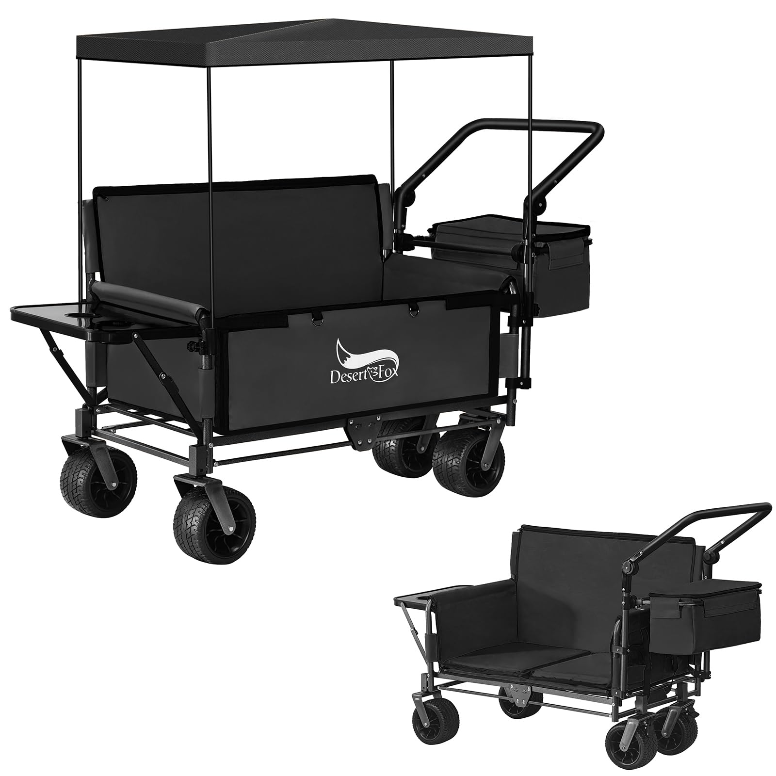 樂天商城 - DesertFox キャリーワゴン キャリーカート 【10CM極太タイヤ・ブレーキ付】 3WAY キャンプ 椅子 子供用ソファ 取り外し可能屋根付き 防雨・防雪&折りたたみ式物置台&クーラーボックス付き 静音 大容量 耐荷重200kg コンパクト 折り畳み
