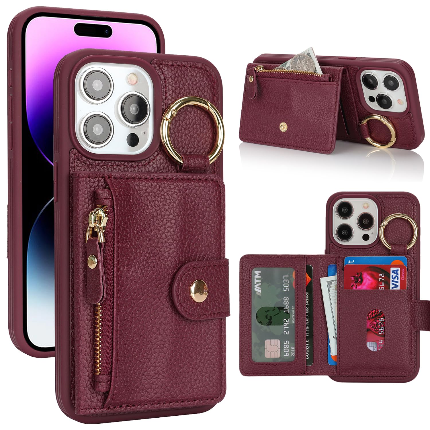 樂天商城 - SailorTech ケース iPhone 14 Pro Max 背面ケース翻盖型 キーホルダーリング付きクレジットカード入れ 女性用, アイフォン14 Pro Max 手帳ケースライチ紋様 横置き機能 背面収納ケース iPhone14 ProMax ケー