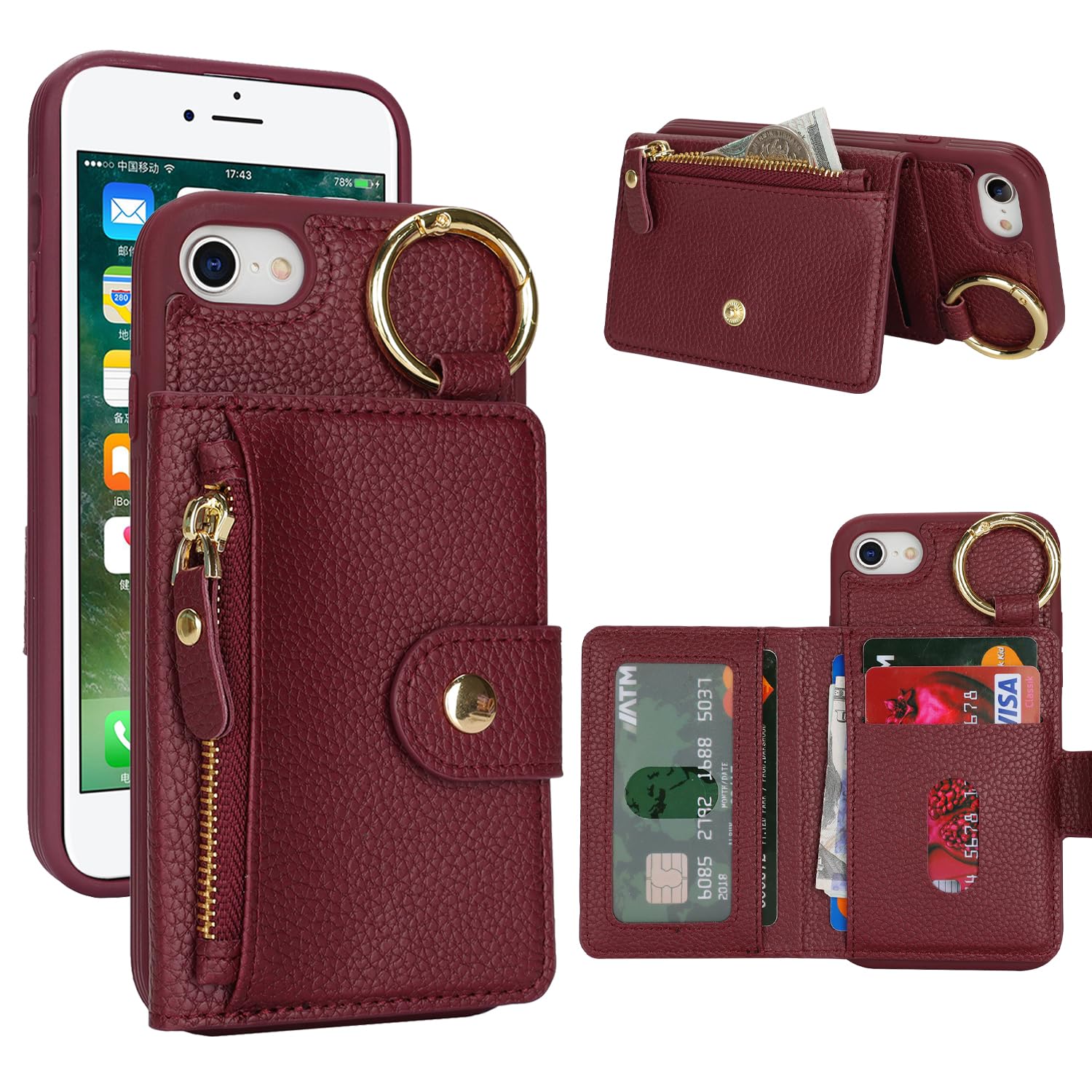 SailorTech ケース iPhone SE 2020/SE 2022/7/8 背面ケース翻盖型キーホルダーリング付きクレジットカード入れ 女性用,アイフォンSE 第2世代 手帳ケースライチ紋様 横置き機能 背面収納ケース iPhone 7/8/SE2