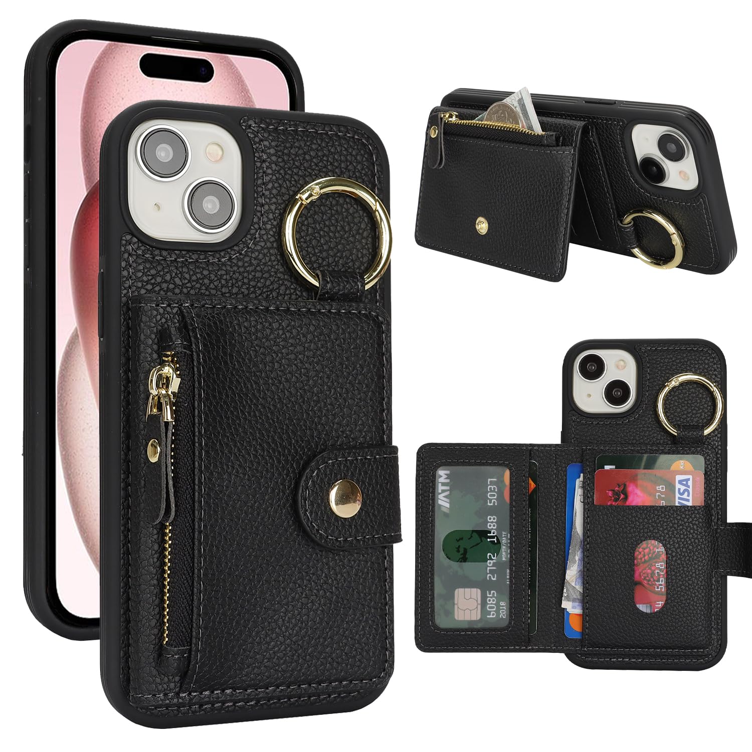 樂天商城 - SailorTech ケース iPhone 15 背面ケース翻盖型 キーホルダーリング付きクレジットカード入れ 女性用, アイフォン15 手帳ケースライチ紋様 横置き機能 背面収納ケース iPhone15 ケース 財布型 6.1in-ブラック