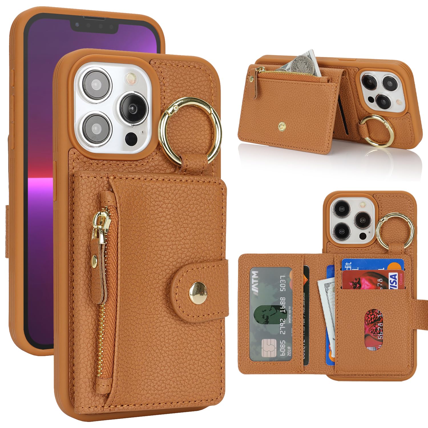 樂天商城 - SailorTech ケース iPhone 12 Pro Max 背面ケース翻盖型 キーホルダーリング付きクレジットカード入れ 女性用, アイフォン12 Pro Max 手帳ケースライチ紋様 横置き機能 背面収納ケース iPhone12 ProMax ケー