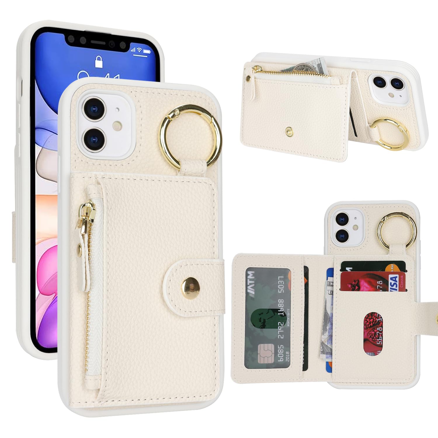 樂天商城 - SailorTech ケース iPhone 11 背面ケース翻盖型 キーホルダーリング付きクレジットカード入れ 女性用, アイフォン11 手帳ケースライチ紋様 横置き機能 背面収納ケース iPhone11 ケース 財布型 6.1in-ホワイト