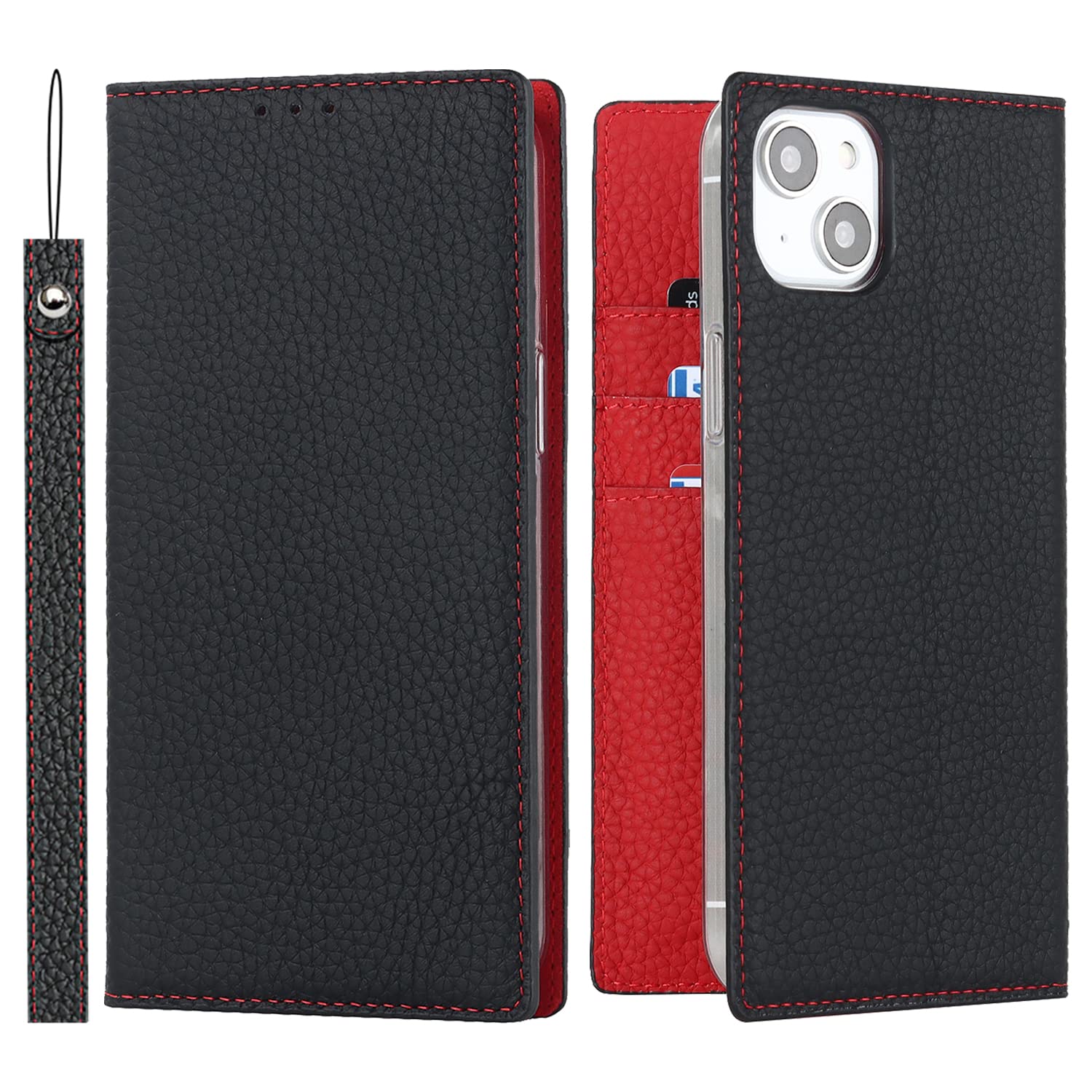 Sailortech iPhone 14 ケース手帳型 iphone 14 専用 カバー 財布型 ライチ紋様 本革レザー アイフォン 14 ケース アイフォン 14 カバー 財布型 カード収納 収納付き 横置きスタンド機能 本革レザー（弱磁）衝撃吸収 全面