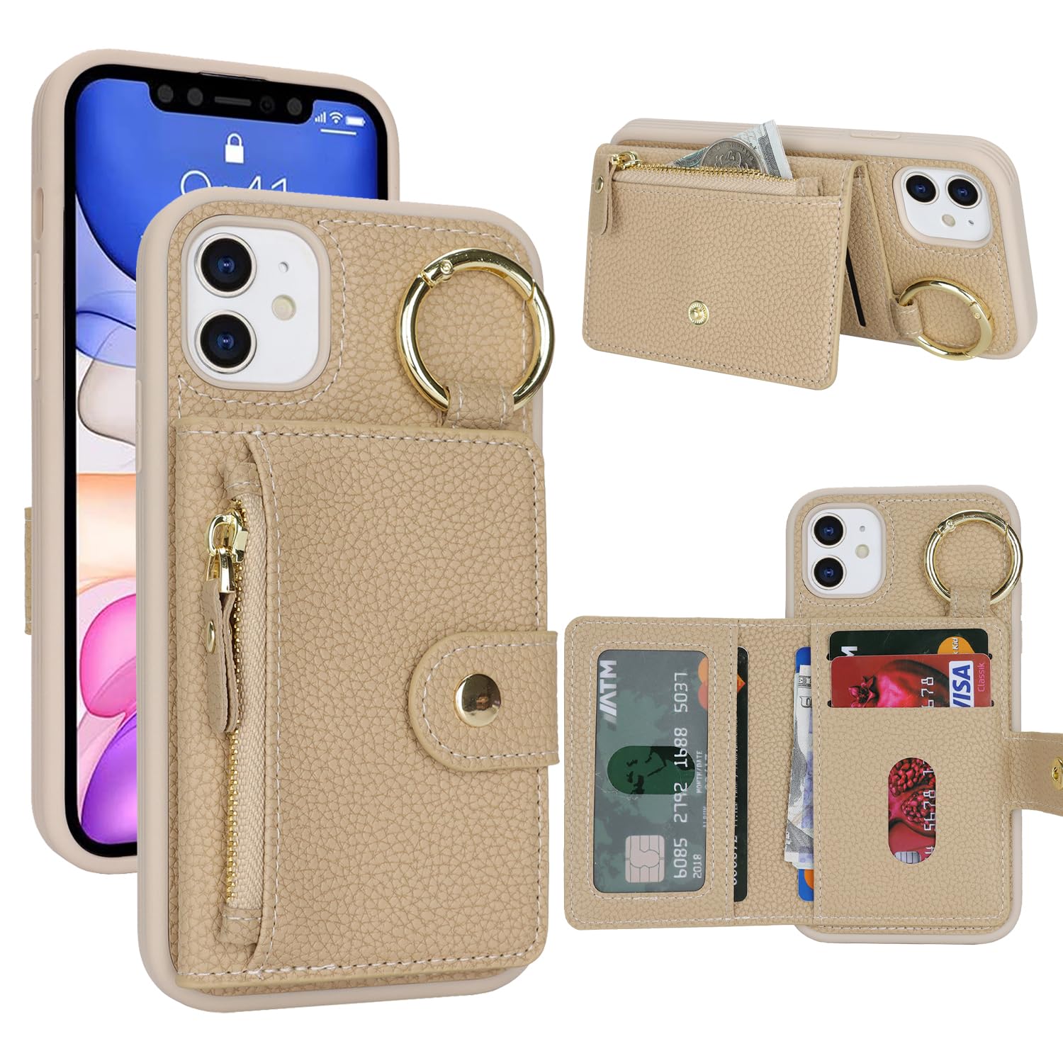 ・【対応機種】iPhone 11 6.1インチ： カメラ穴等すべて機種に合わせてお作りします！留め具の邪魔無し、滑り防止の素材を採用され、四角の縁四角の縁、とてもシンプルな感じで、しかも持ち易く、使い勝手がよいのです。ご注文を確定前に、必ず再度お手持ちの機種と選択した機種をご確認ください。・【二重構造】耐久性のあるTPUと柔軟性のある上質レザーを採用されて、高級感あふれる、手触りが非常に柔らかくフィット感抜群、傷やカジリを防ぐことが出来ます。また、指紋、油分などもつきにくく、カメラレンズ保護構造でスマホ本体を傷から360度しっかり保護してくれます。・【財布として使用可能】 3枚のカード、1枚の紙幣のビット、フラップの背面にファスナーポケットがついているので、お札や小銭、貴重品などチャック内に収納することができます。カードや現金を安全に保管します。カード、建物、地下鉄またはその他の交通機関へのアクセスのために定期的にカードをスワイプする人に最適です。・【スタンド機能&耐衝撃】スタンド機能が付いて、横向いて斜めに立てて、お好きな角度を調整できます。スタンドモードに切換えて動画鑑賞や読書なども楽しめます。画面より少しだけ高1mmく設計されたコーナーが全周をカバーしているので、軽度な落下に対してスクリーンが地面と接触するのを防止、本体をしっかり保護してくれます。・【い求めくださいませ】※製品に不具合が生じた場合はご購入日から7日間は、いかなる理由であっても返金、返品または交換を保証いたします。※紹介画像はイメージです。ディスプレイの環境によって、画像の色が実物と異なる場合がございます。※本製品は品質向上のため、予告なくデザイン・仕様などを変更する場合がございます。SailorTech ケース iPhone 11 背面ケース翻盖型 キーホルダーリング付きクレジットカード入れ 女性用, アイフォン11 手帳ケースライチ紋様 横置き機能 背面収納ケース iPhone11 ケース 財布型 6.1in-ベージュ