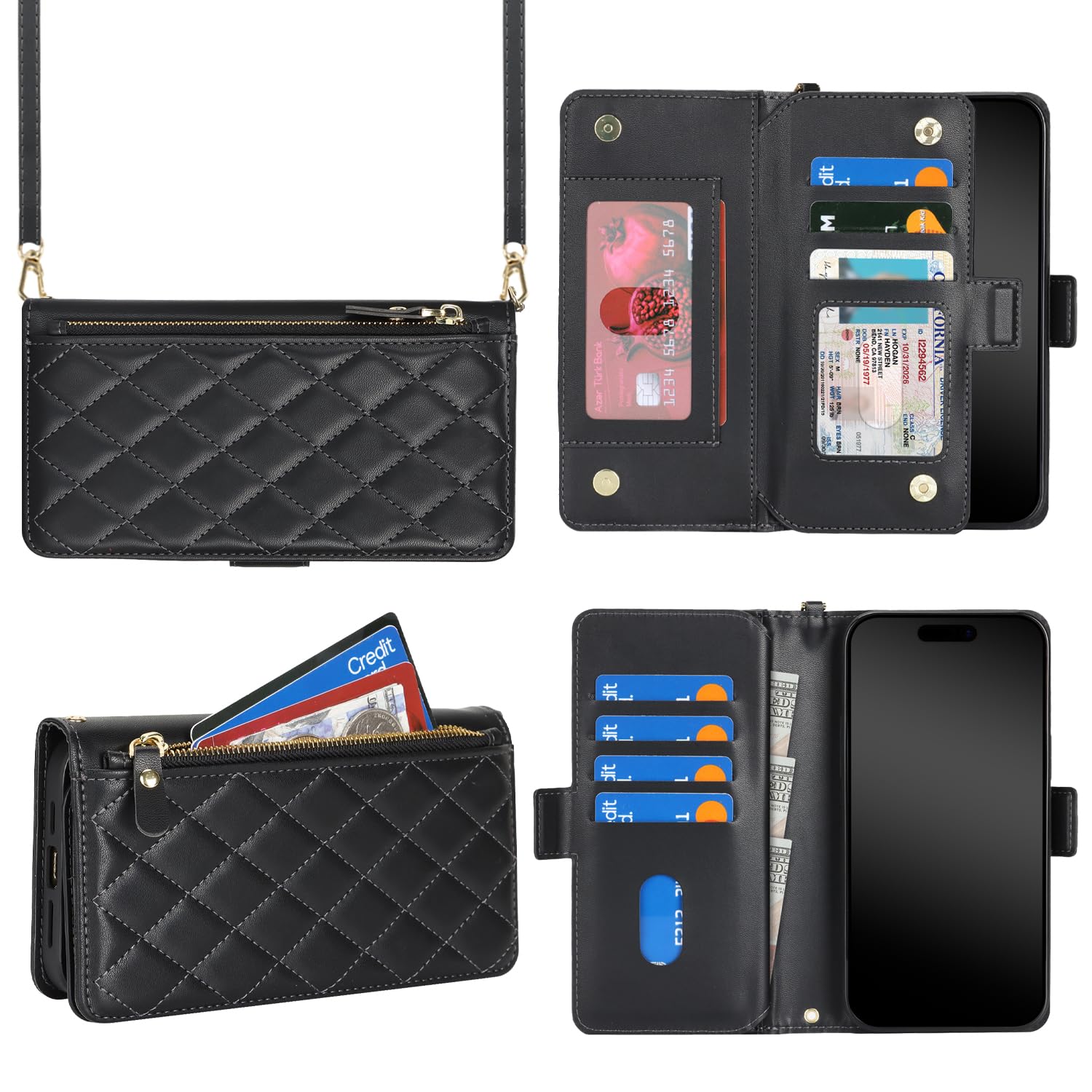 樂天商城 - DEYHU 対応 いphone14 ケース 手帳型 ショルダー ジッパー式 カード収納 iphone 13 ケース ファスナー 財布型 肩掛け 大容量 耐衝撃 調節可能な アイフォン14 カバー スタンド機能 フェイクレザー 携帯ケース - ブラック