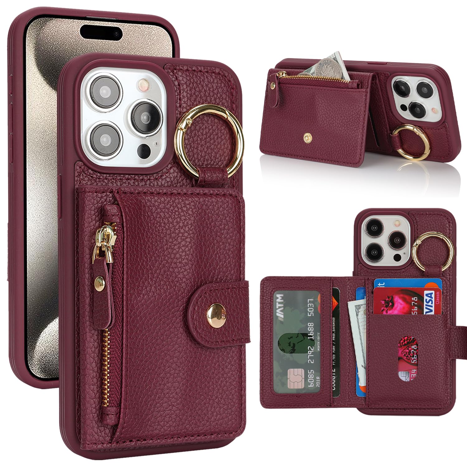 SailorTech ケース iPhone 15 Pro Max 背面ケース翻盖型 キーホルダーリング付きクレジットカード入れ 女性用, アイフォン15 Pro Max 手帳ケースライチ紋様 横置き機能 背面収納ケース iPhone15 ProMax ケー