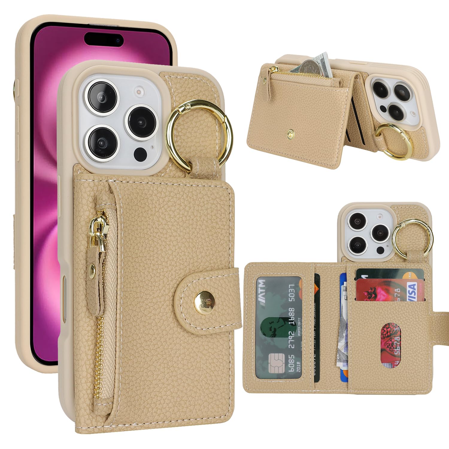 SailorTech ケース iPhone 16 Pro 背面ケース翻盖型 キーホルダーリング付きクレジットカード入れ 女性用, アイフォン16pro 手帳ケースライチ紋様 横置き機能 背面収納ケース iPhone16Pro ケース 財布型 6.3in-ベ