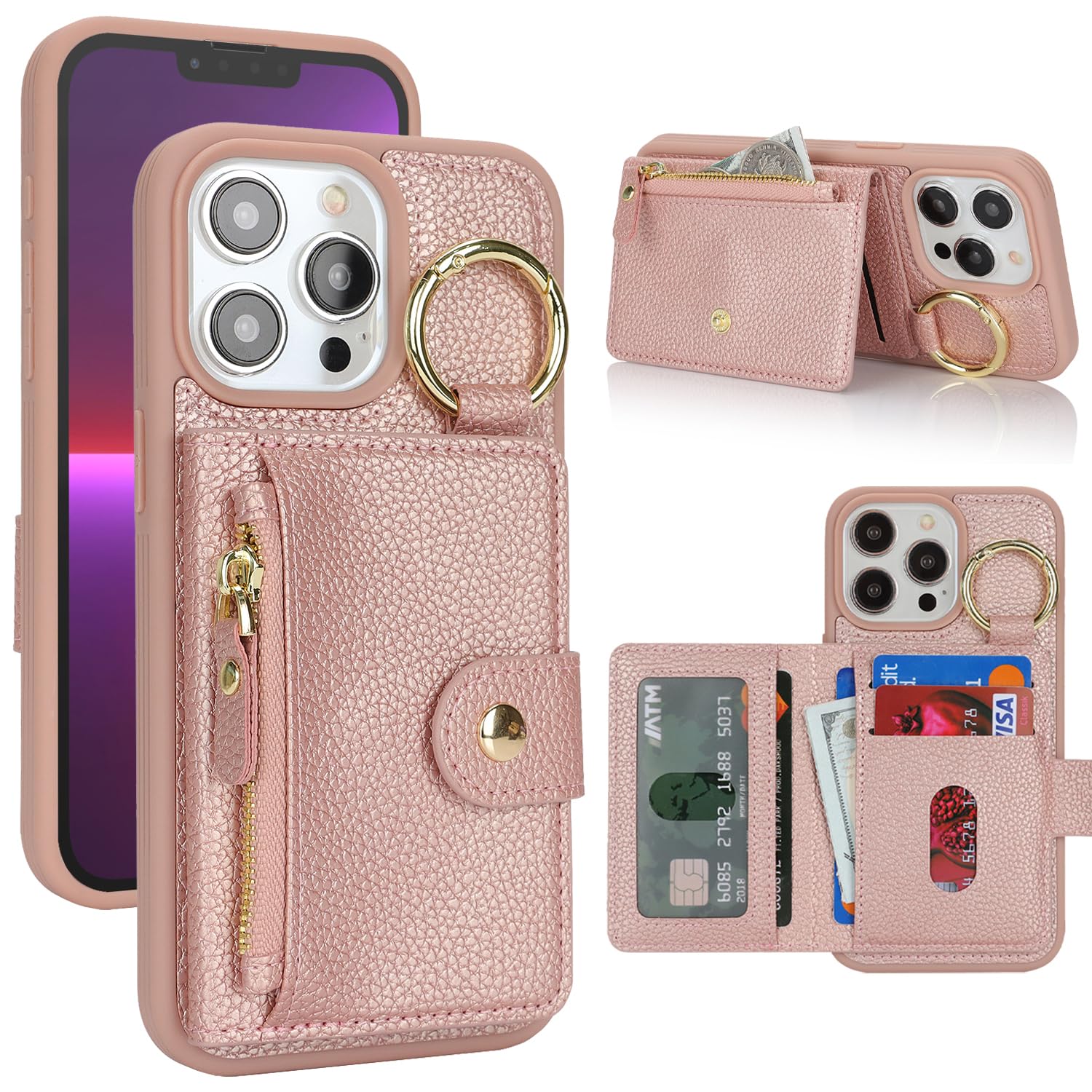 SailorTech ケース iPhone 12 Pro Max 背面ケース翻盖型 キーホルダーリング付きクレジットカード入れ 女性用, アイフォン12 Pro Max 手帳ケースライチ紋様 横置き機能 背面収納ケース iPhone12 ProMax ケー