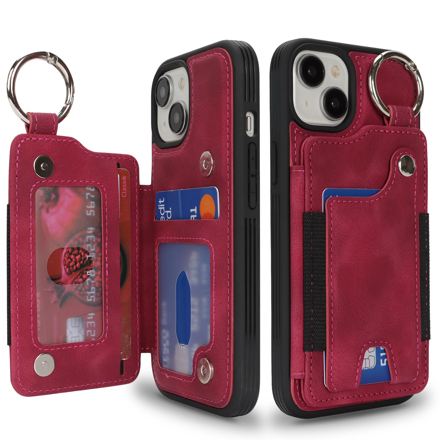 SailorTech ケース iPhone 14/13背面ケース翻盖型 指リング機能付きカード ホルダー付き女性用, アイフォン14 手帳ケース 横置き機能 スロット付き おしゃれなケース iPhone13/14 ケース 背面収納 6.1in-ワインレッド