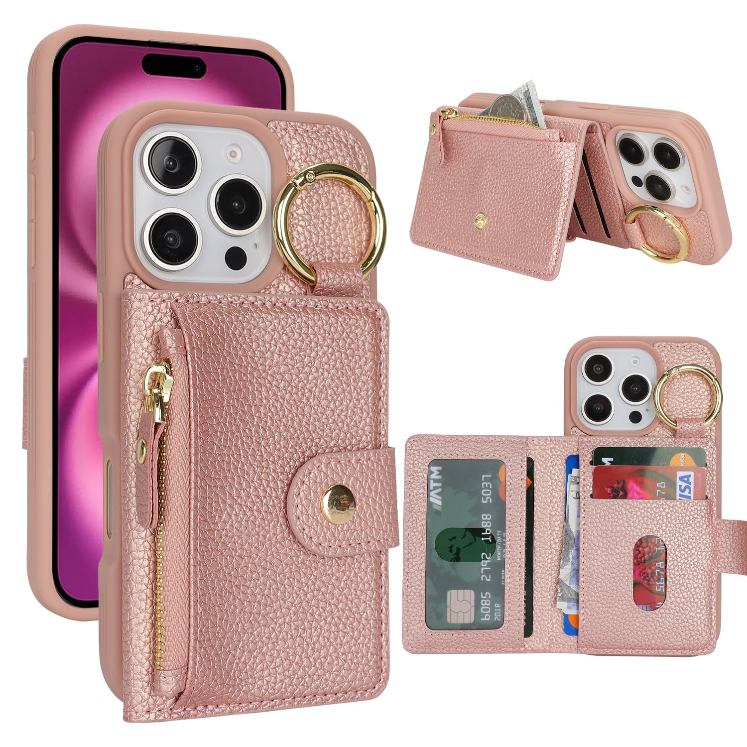 SailorTech ケース iPhone 16 Pro 背面ケース翻盖型 キーホルダーリング付きクレジットカード入れ 女性用, アイフォン16pro 手帳ケースライチ紋様 横置き機能 背面収納ケース iPhone16Pro ケース 財布型 6.3in-ピ