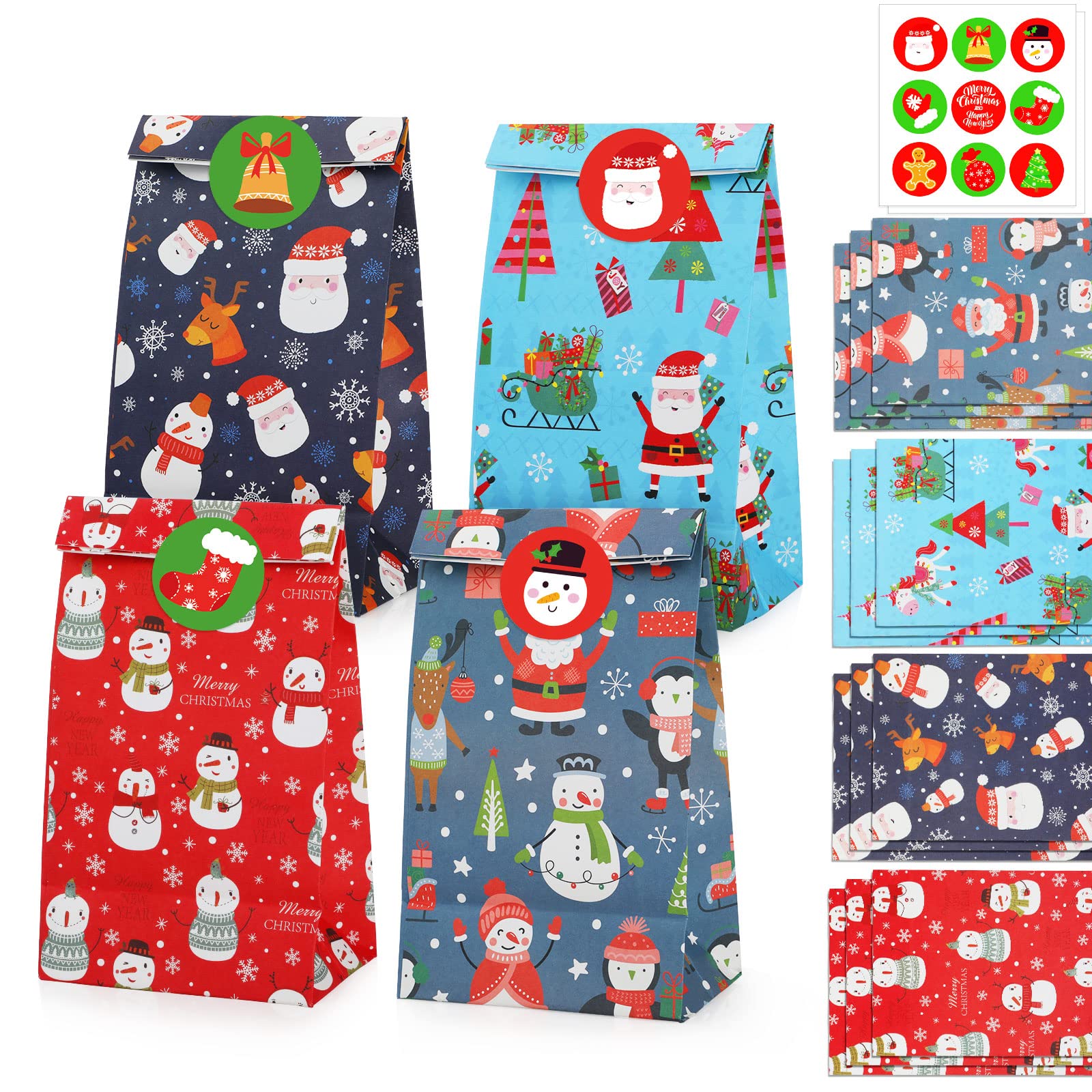 Rakuten - Hianjoo クリスマス 紙袋 ラッピング 袋 ギフトバッグ ギフト紙袋 お菓子袋 ギフト袋 かわいい おしゃれ ステッカー付き プレゼントバッグ 22x12x7.8cm 3枚×4柄 12枚セット