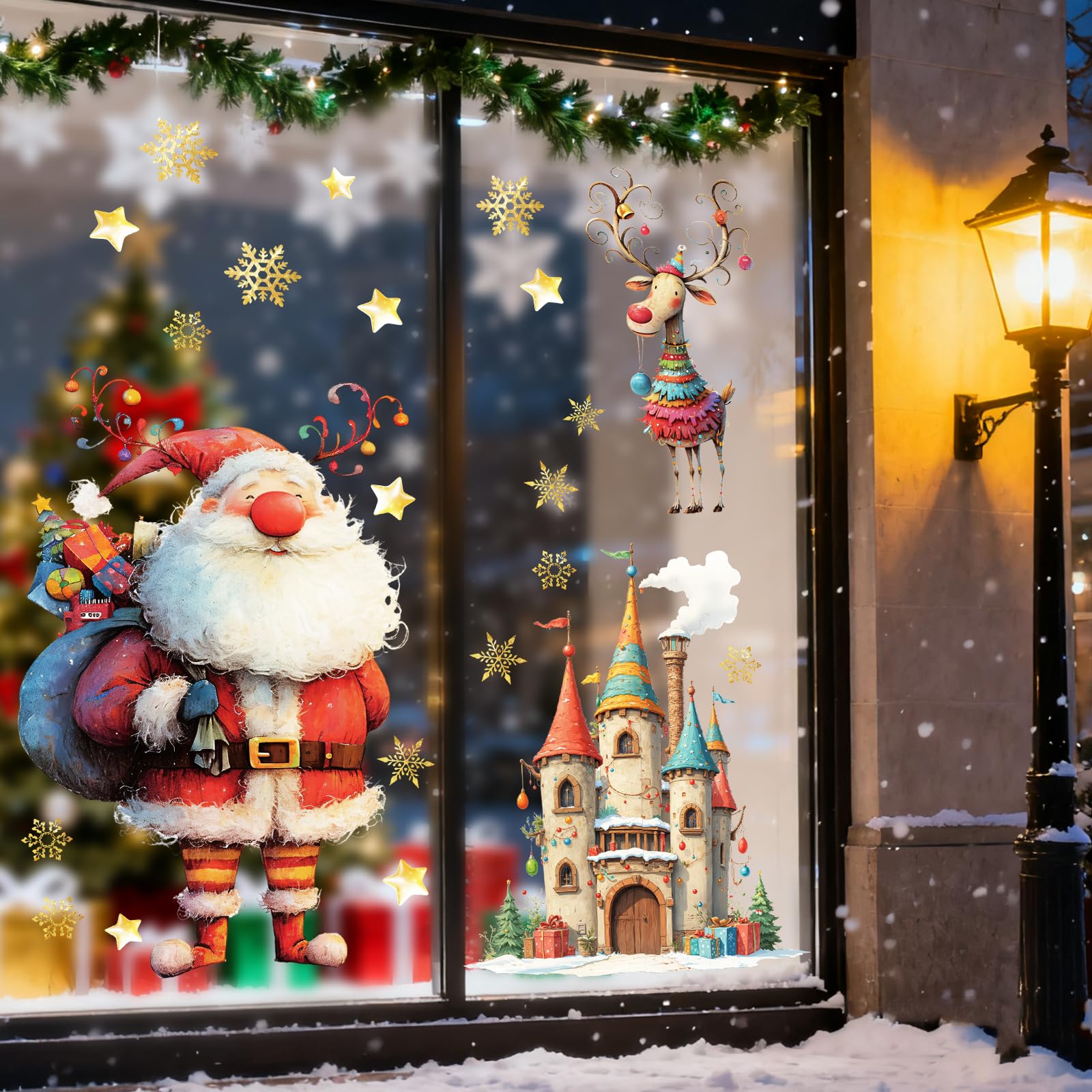 樂天商城 - Hianjoo クリスマス ウィンドウ ステッカー 窓ステッカー 窓ガラス用シール Merry Christmas 装飾 静電気 剥がせる サンタクロースとお城 ウィンドウステッカー 窓飾り 大きいサイズ