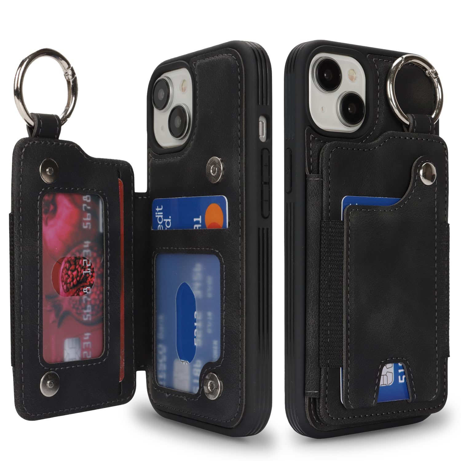 SailorTech ケース iPhone 15 背面ケース翻盖型 指リング機能付きカード ホルダー付き女性用, アイフォン15 手帳ケース 横置き機能 スロット付き おしゃれなケース iPhone15 ケース 背面収納 6.1in-ブラック