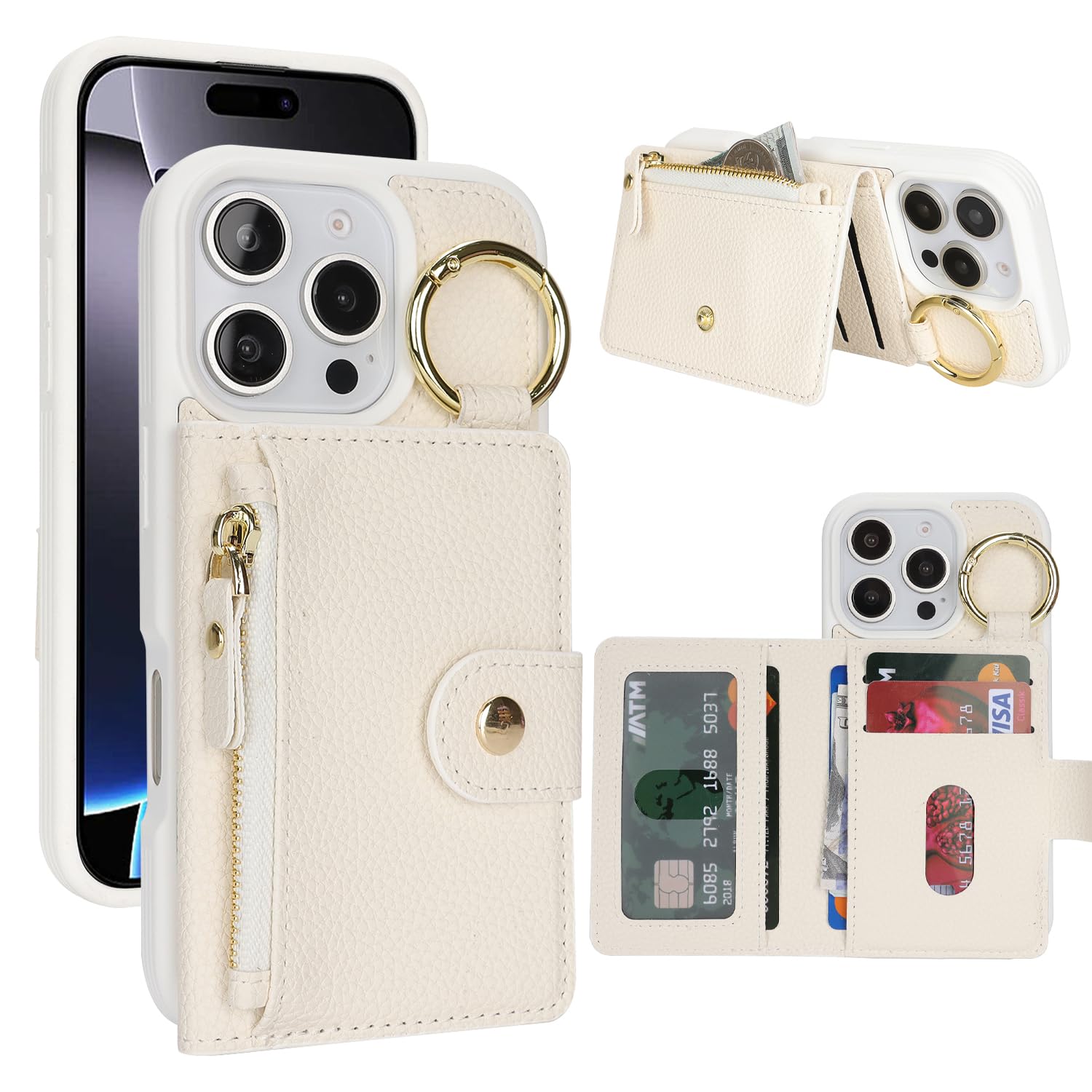 SailorTech ケース iPhone 16 Pro Max 背面ケース翻盖型 キーホルダーリング付きクレジットカード入れ 女性用, アイフォン16 Pro Max 手帳ケースライチ紋様 横置き機能 背面収納ケース iPhone16 ProMax ケー