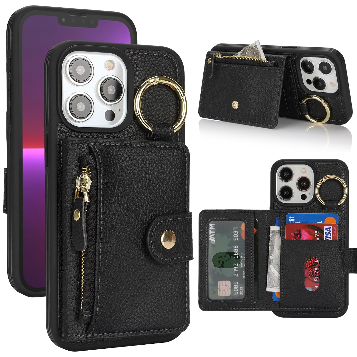 SailorTech ケース iPhone 12 Pro Max 背面ケース翻盖型 キーホルダーリング付きクレジットカード入れ 女性用, アイフォン12 Pro Max 手帳ケースライチ紋様 横置き機能 背面収納ケース iPhone12 ProMax ケー