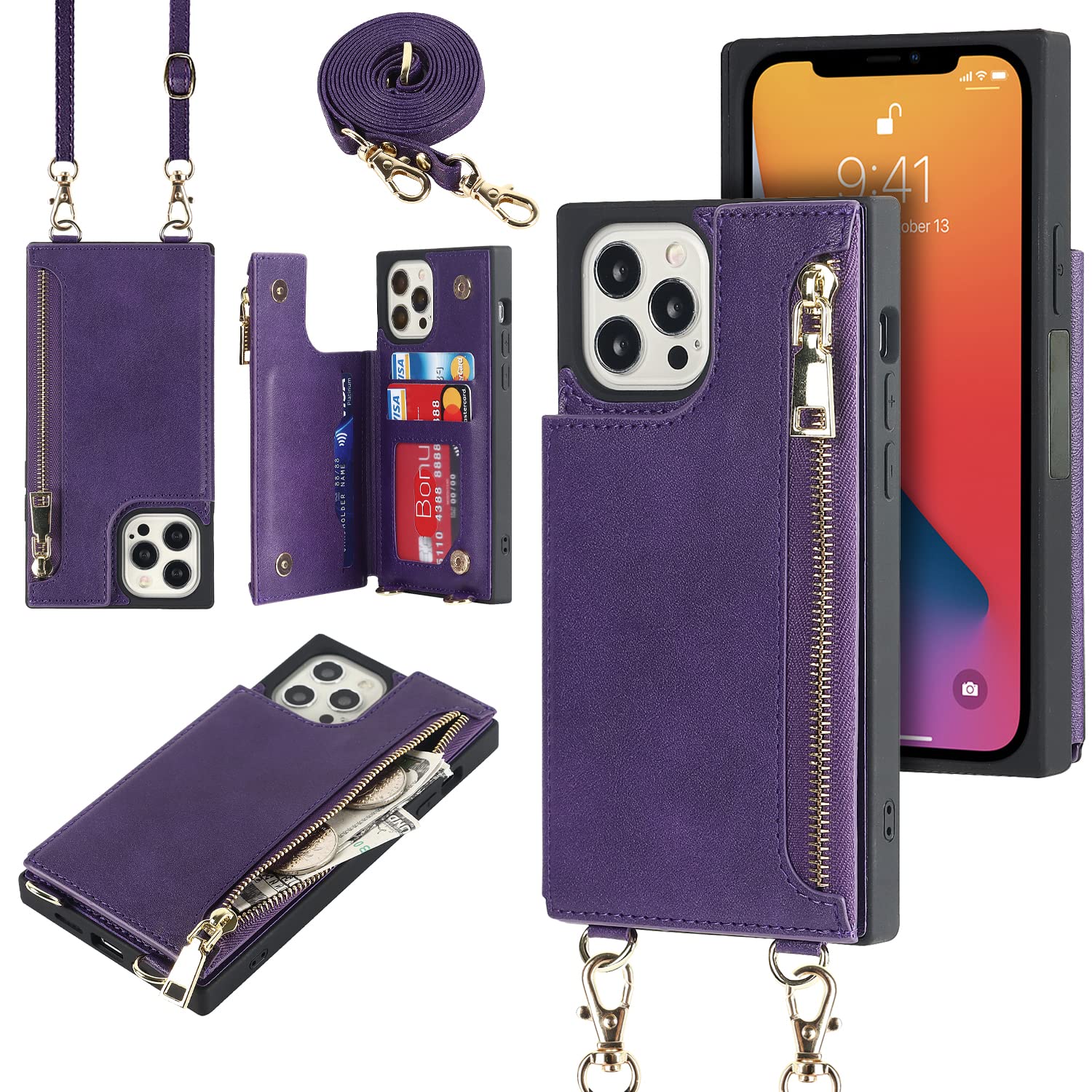 Sailortech iPhone 12 ケース 手帳型 iPhone 12 Pro ケース 背面手帳型 肩がけ 斜め掛け 取り外し可能 PUレザー 小銭入れ ジッパーポケット付き 多機能携帯電話カード アイフォン 12 プロ ケース アイフォン12 カバ