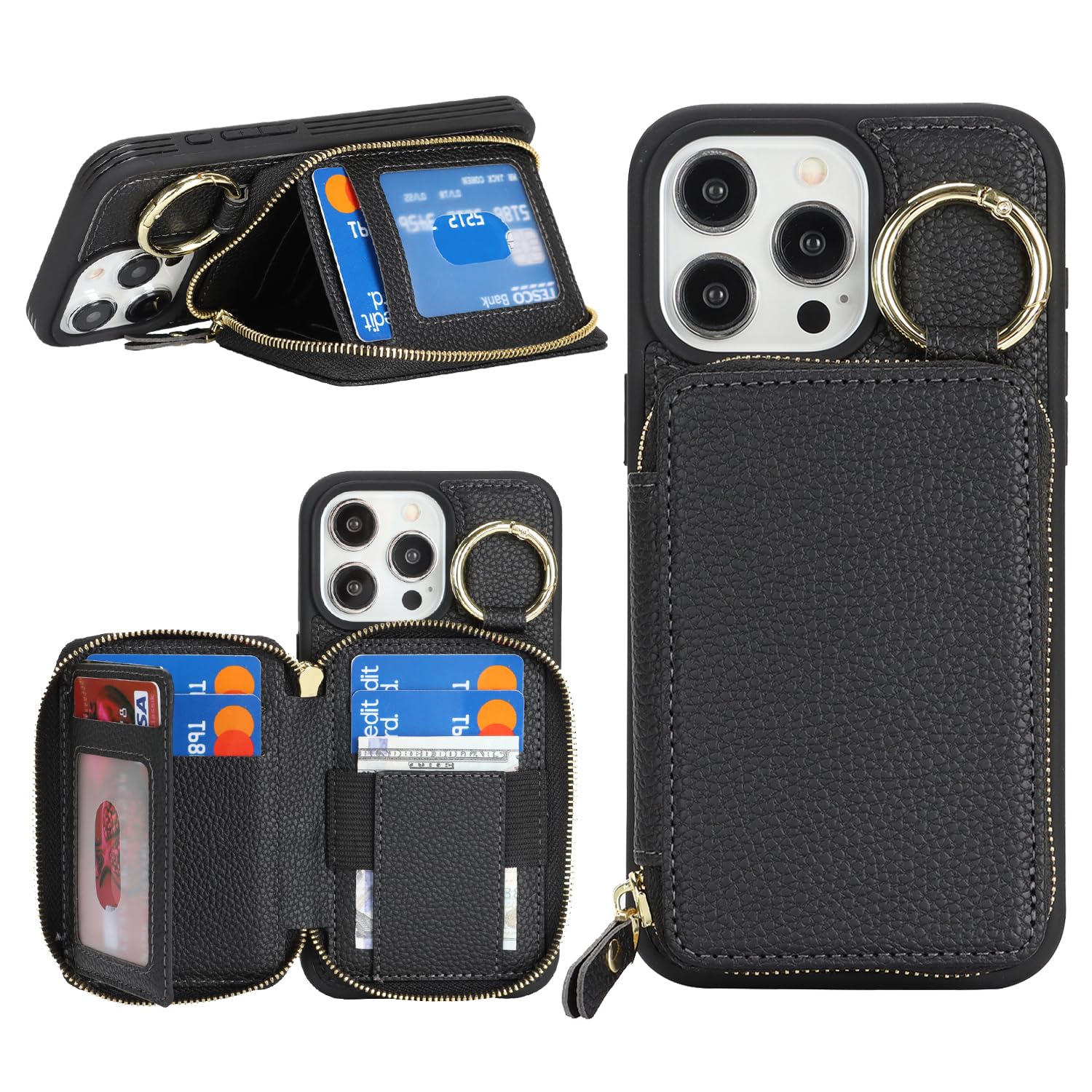 樂天商城 - DEYHU 対応 iPhone 15 Pro Max ケース カード収納 アイフォン15プロマックス ケース 背面収納 耐衝撃 スタンド機能 iPhone 15 Pro Max ケース 背面ポケット キーホルダー キーリング - ブラック