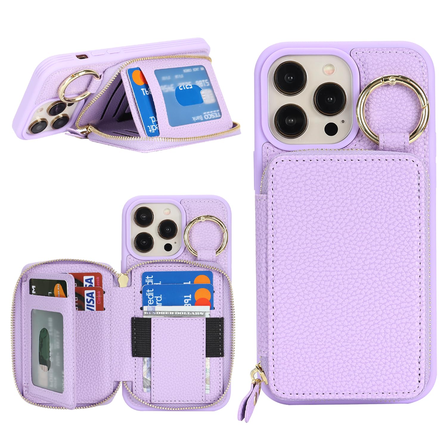 樂天商城 - DEYHU 対応 iPhone 14 Pro Max ケース カード収納 アイフォン14プロマックス ケース 背面収納 耐衝撃 スタンド機能 iPhone 14 Pro Max ケース 背面ポケット キーホルダー キーリング - パープル