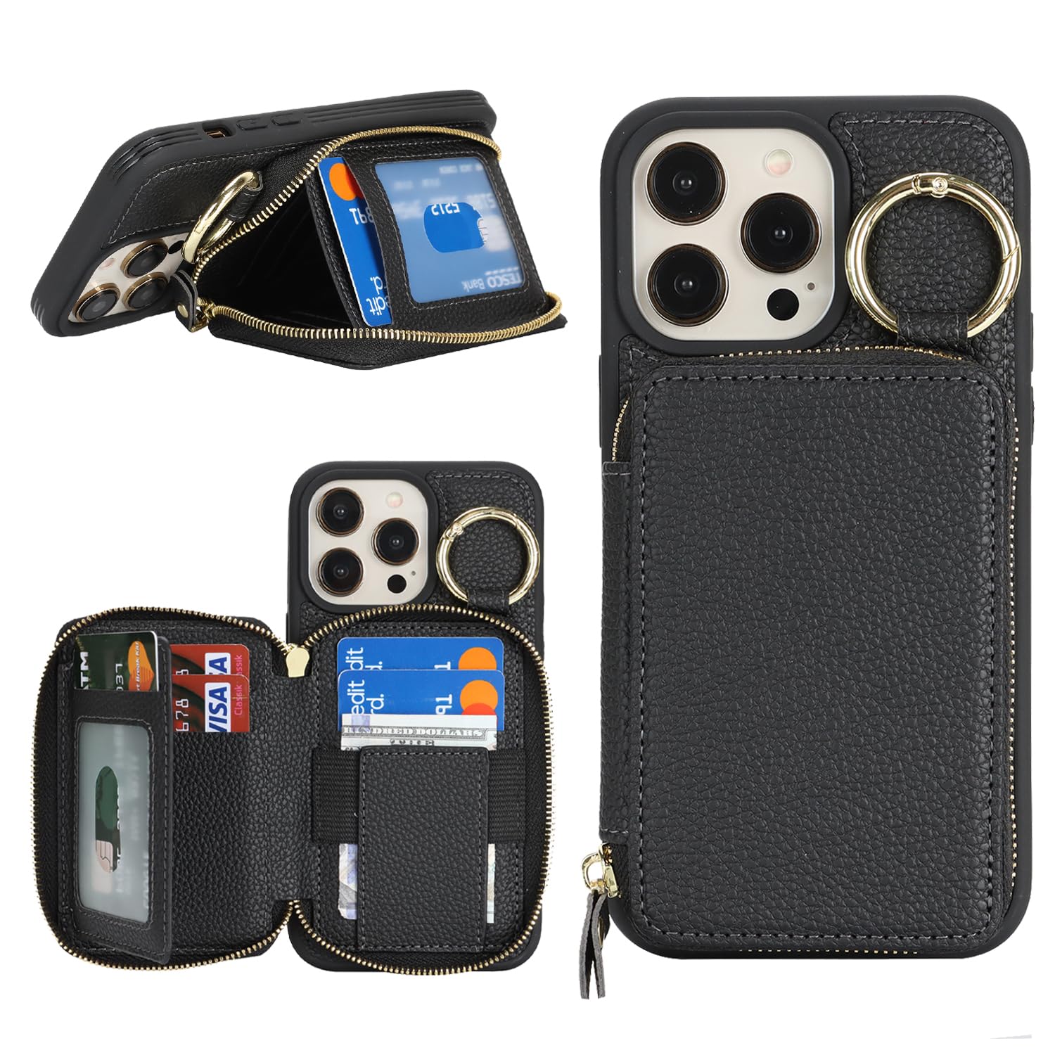 樂天商城 - DEYHU 対応 iPhone 14 Pro Max ケース カード収納 アイフォン14プロマックス ケース 背面収納 耐衝撃 スタンド機能 iPhone 14 Pro Max ケース 背面ポケット キーホルダー キーリング - ブラック