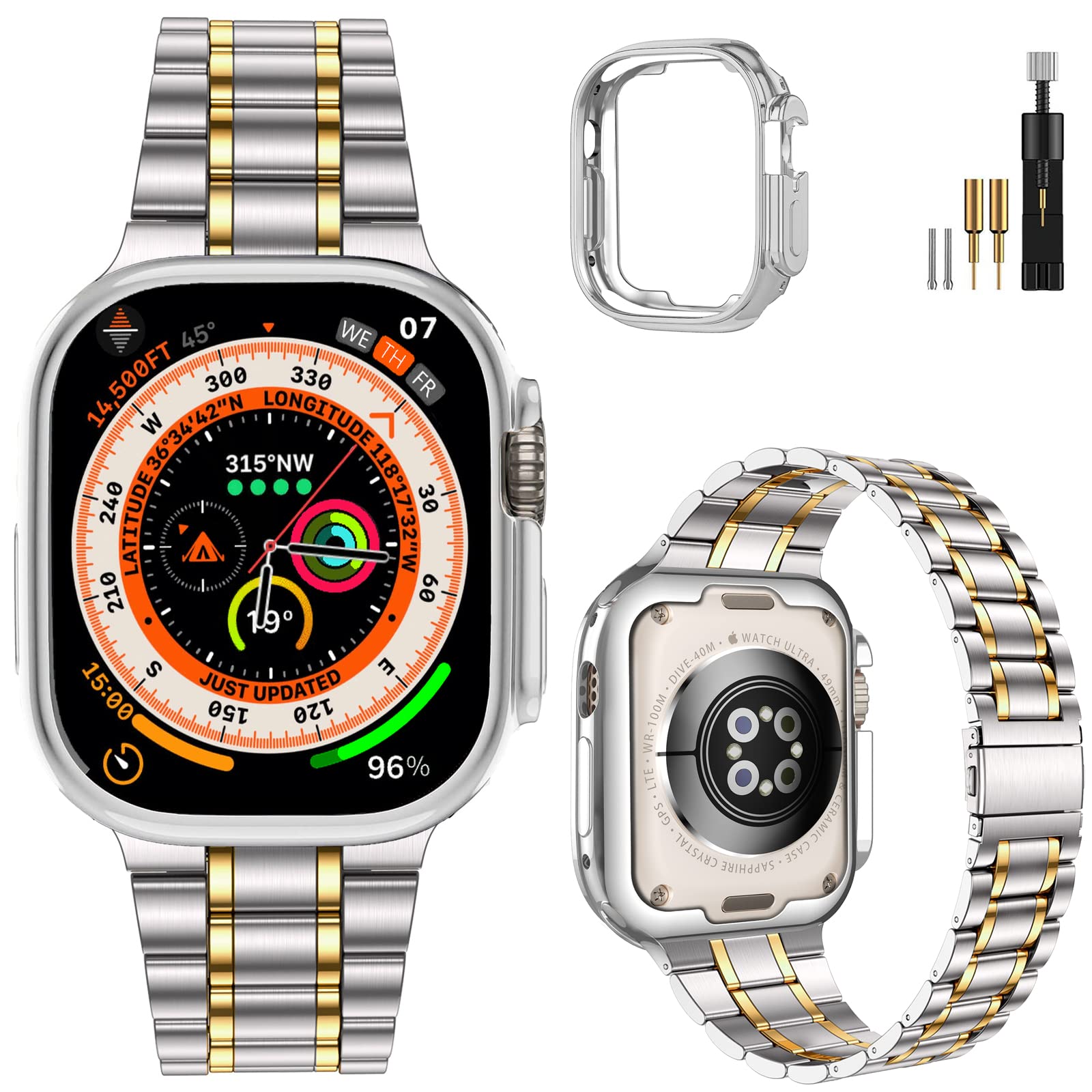 Rakuten - MioHHR ステンレススチールバンド Apple Watchバンド Ultra 3 2 1 49mm メタル交換用リストバンドストラップ iWatch シリーズ Ultra 3 2 1用, シルバーとゴールド