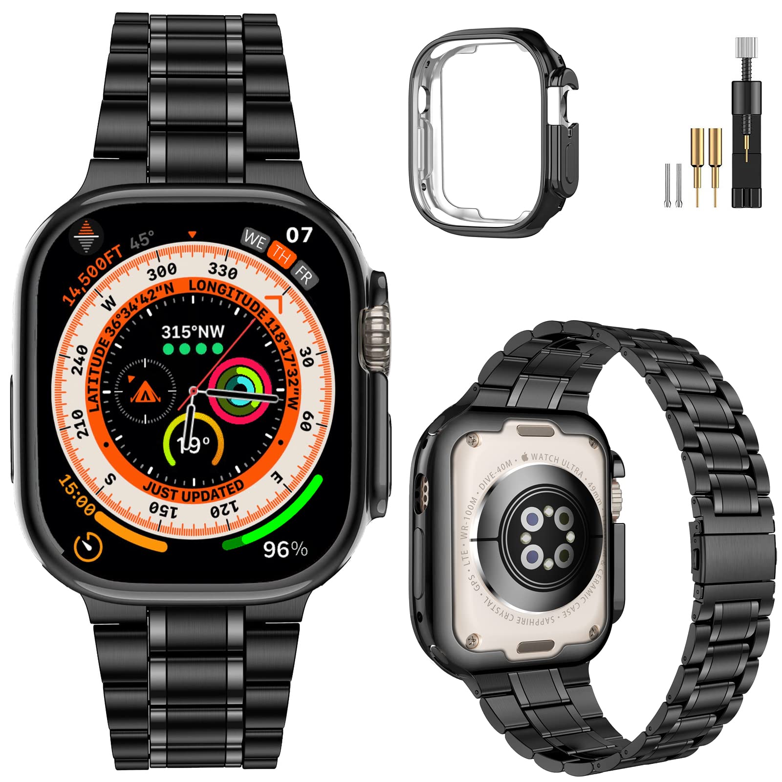 樂天商城 - MioHHR ステンレススチールバンド Apple Watchバンド Ultra 3 2 1 49mm メタル交換用リストバンドストラップ iWatch シリーズ Ultra 3 2 1用, ブラック