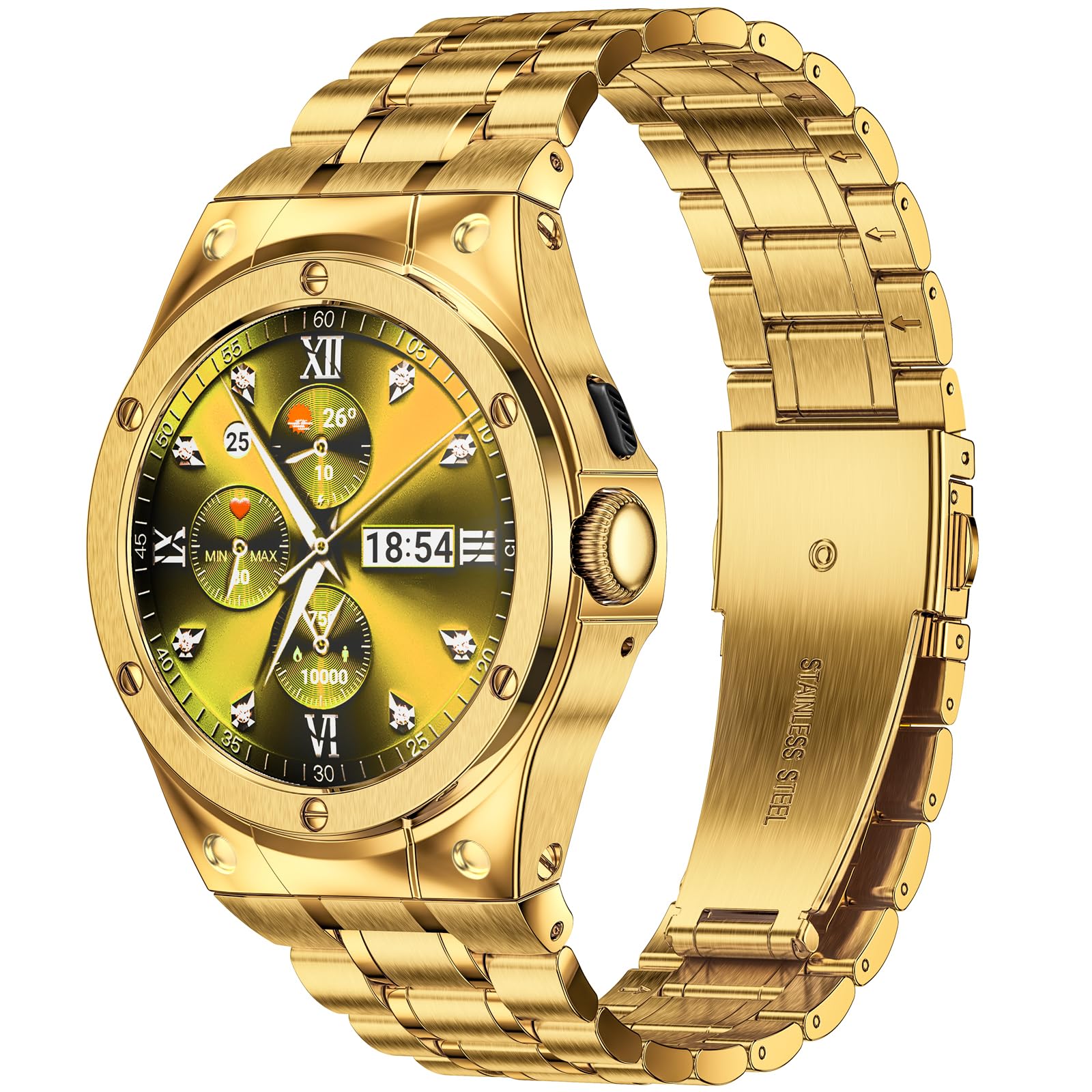 [MioHHR] ステンレススチールケースとバンドは、Google Pixel Watch 3 と互換性があり、Google Pixel Watch 45mm用ストラップ付きメタル保護バンパーカバー、男女兼用 ゴールド