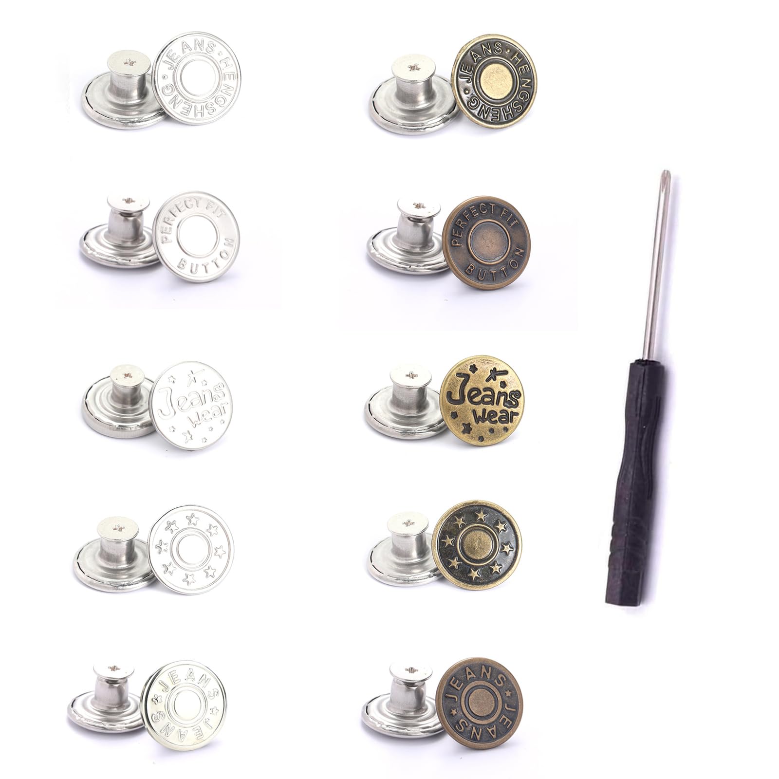 樂天商城 - YINKE ジーンズ 調整ボタン 10個セット ジーンズボタン ジーンズにぴったり 金属ジーンズ 簡単取付け DIY 手作り 延長と縮小可能 専用ドライバー付き (こんしょく)