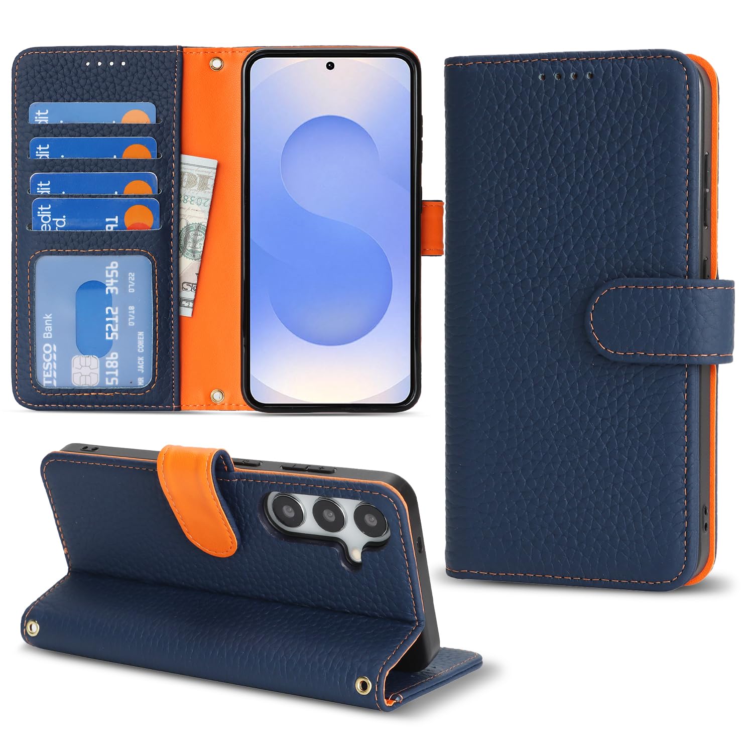 樂天商城 - DEYHU 対応 Galaxy S25 ケース 手帳型 ギャラクシーs25 ケース 本革 カード収納 スタンド機能 ギャラクシーs25 / SC-51F / SCG31 スマホケース 大容量 財布型 耐衝撃 レザー カバー ブルー と オレンジ
