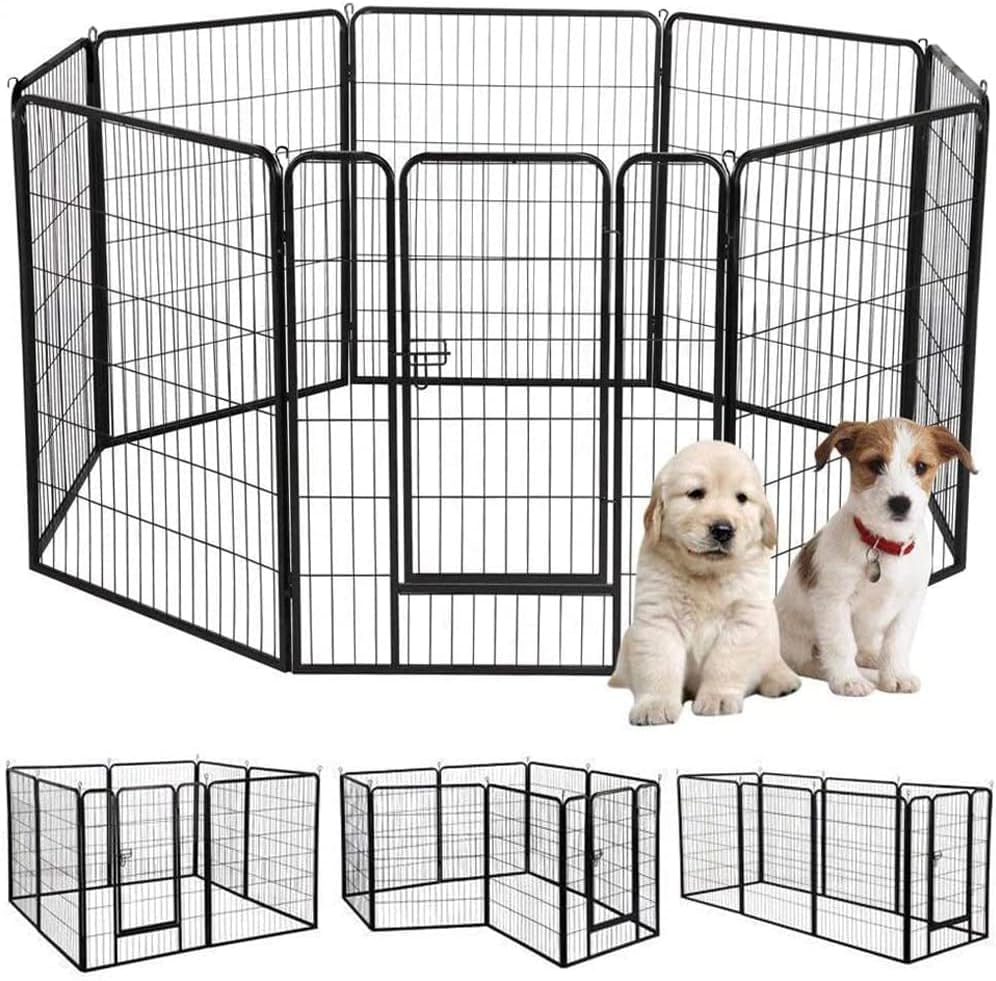 ・お部屋に合わせて自由なレイアウトが可能なペットフェンス・ペットケージです。ペットが安心する空間を作り出すことが出来るほか、大切な家具家電を取り囲んでガードすることもできます。・【高品質の金属材料】—ペットサークルは高品質の金属材料で作られており、錆や変形を防ぎます、長寿命と優れ。安定な構造に広い空間なので、室外・室内両方に兼用します。・【DIY自由組み合わせ】：8枚セットです 【サイズ】：(約)80cm×60cm×1.6cm(1枚) 【商品内容】：パネル7枚、入口パネル1枚、専用ロングペグ8本。8本のパネルにより複数の形状に組み合わせできます。ニーズに応じて矩形、四角形、八角形といった5種類の形状まで組み合わせます。お好みと設置場所に応じて形状を決めましょう。また、TVやAV機器の保護、キッチンや玄関への出入り防止等アイデア次第で使い方いろいろ .クローゼット、本棚、靴ラックなどに組み合わせることができて、おしゃれなインテリアアイテムになります、総重量14Kg、優れた安定性を提供できる。・【簡単なインストール、迅速な分解】—2本のパイル間に金属ポールで接続します。次に、他のパネルを金属棒で接続し、取り付けます，工具を使わず簡単に取り付けられます。金属ストリップを引き出し、1分で分解を完了し、ペットフェンスを車に入れ、犬を連れて一緒に遠足に出かけましょう。・【生活環境にやさしい】角を全部丸くして、通った人とペットを傷けず、細部までこだわりが感じられます。ペットフェンスを利用して置物や植物などとペットを離し、居場所環境を優しく守ります