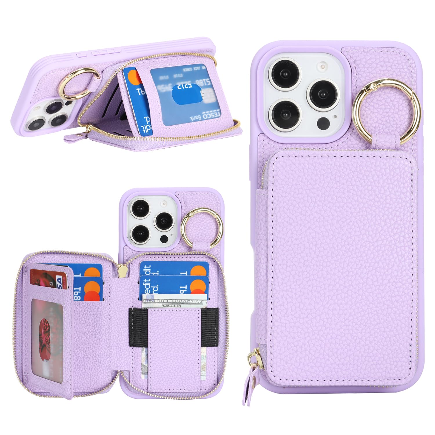 樂天商城 - DEYHU 対応 iPhone 16 Pro Max ケース カード収納 アイフォン16プロマックス ケース 背面収納 耐衝撃 スタンド機能 iPhone 16 Pro Max ケース 背面ポケット キーホルダー キーリング - パープル