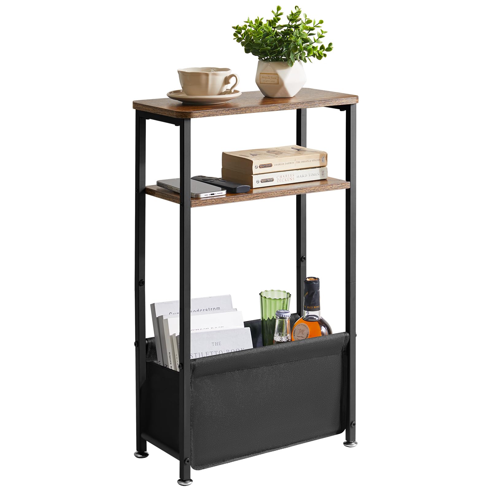 Aibiju サイドテーブル スリム 布袋付き さいどテーブルソファ横 3段 ベッドサイドラック 小さめ マガ..