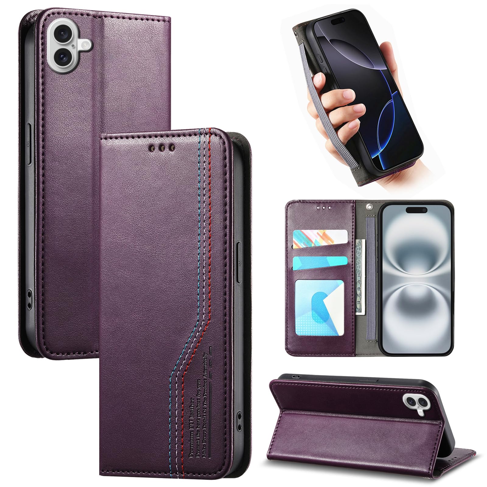 ONETHEFUL 対応 iPhone 17 ケース 手帳型 スタンド機能 あいふおん17 ケース 財布型 ス アイフォン 17 カード収納 スマホケース いふぉん17 マグネット式 財布付き PUレザー 耐衝撃 全面保護 ストラップホール付き リストバン