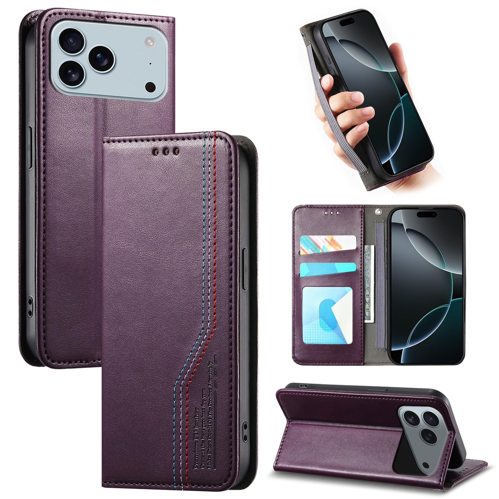 ONETHEFUL 対応 iphone 17 pro max ケース 手帳型 スタンド機能 いphone17promax ケース カード収納 iphone17プロマックス カバー 財布型 アイフォン17プロマックス保護ケース マグネット式 財布付き PUレ