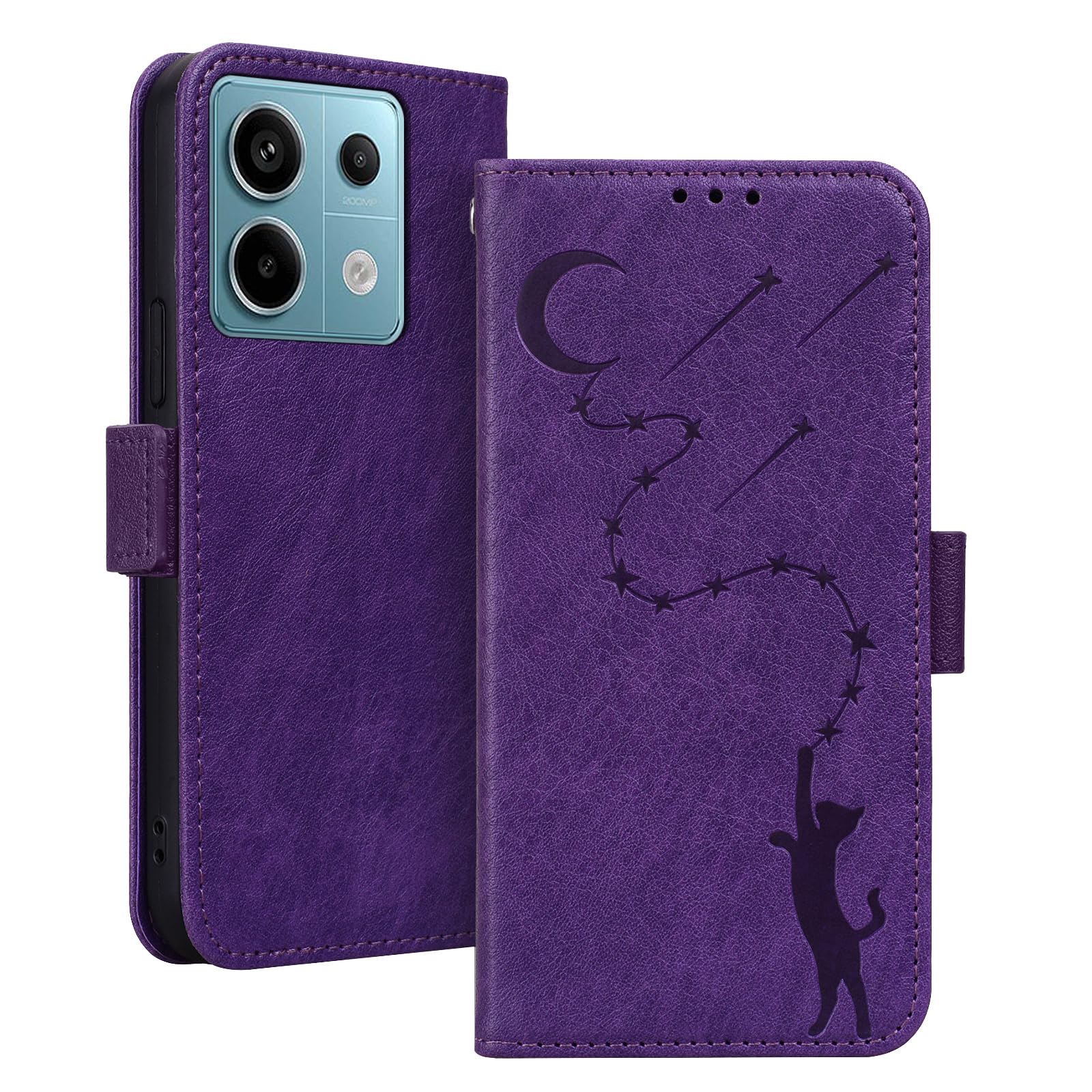 Xiaomi Redmi Note 13 Pro 5G ケース スタンド機能 マグネット カード収納 Redmi Note 13 Pro 5G カバー 人気 おしゃれ redmi note 13pro スマホケース 耐衝撃 全面保護 月と流れ星 可愛い 猫