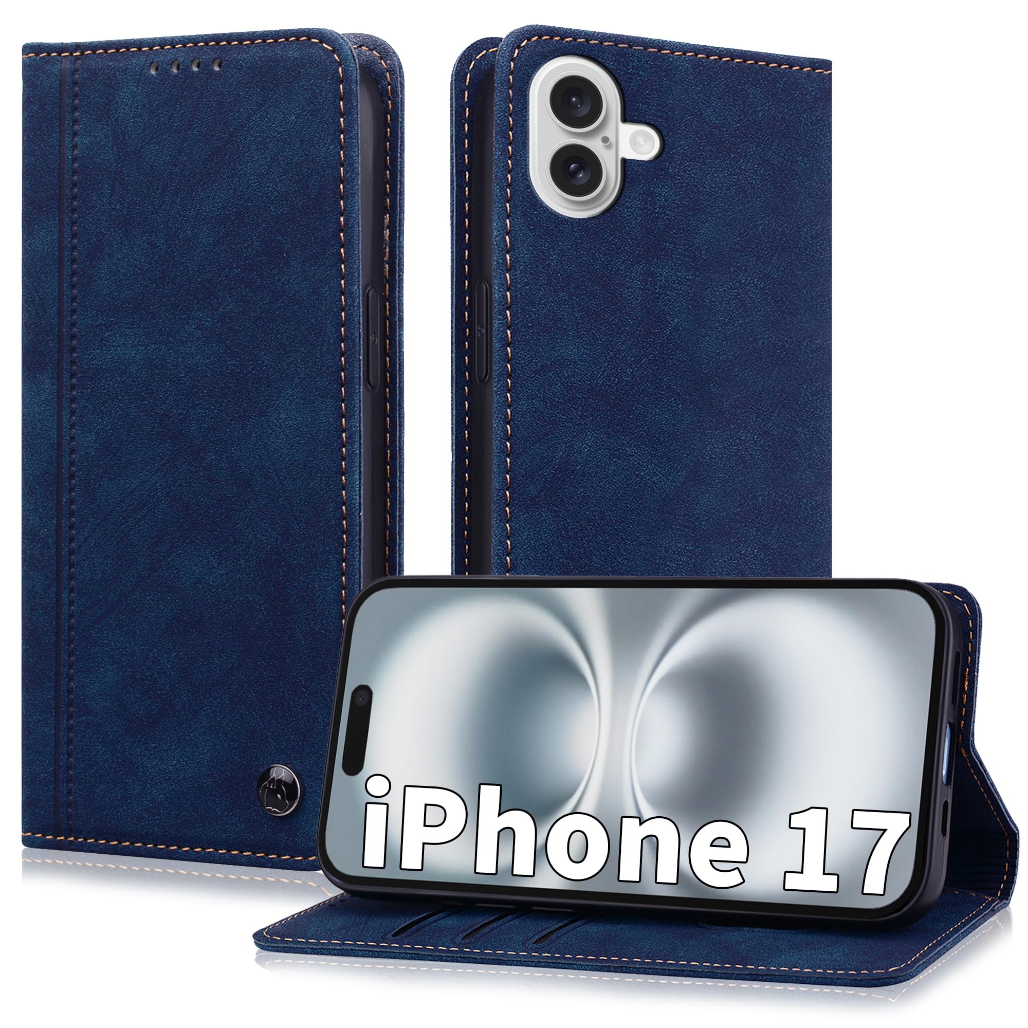 ONETHEFUL 対応 iPhone 17 ケース 手帳型 カバー 財布付き カード収納 (2枚まで) スタンド機能 マグネット閉じ 耐衝撃 PUレザー ブルー おしゃれ スピーカーホール対応 - あいふぉん17 / いふぉん17 / いphone17