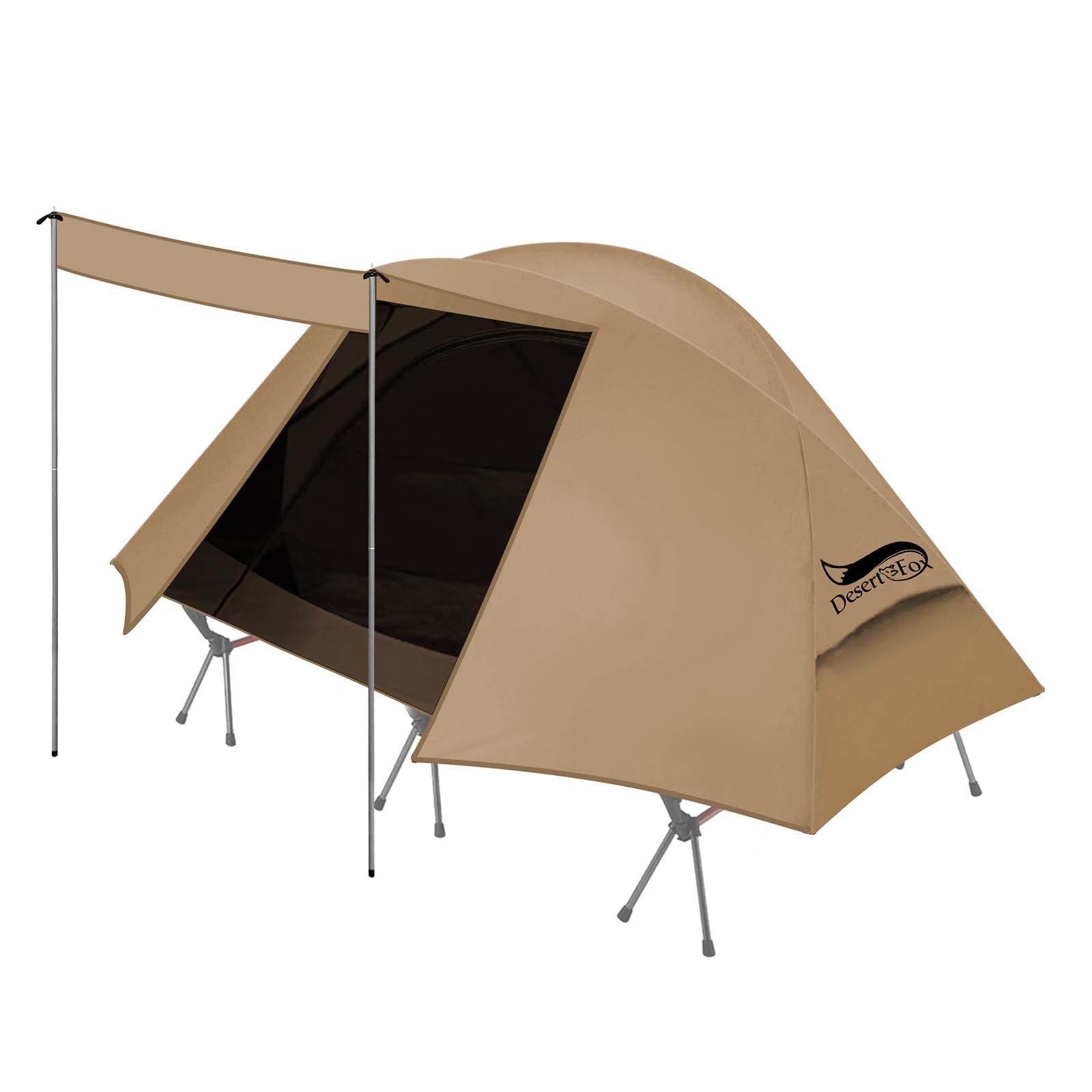 DesertFoxテント コット用 テント 1人用 ソロ 4000mm耐水圧 前室あり キャンプ コンパクト 軽量 3 WAY タイプ 撥水加工素材 自立式 二重層構造 4シーズン 簡単設営 UVカット 通気防風防雨 収納袋付き DRZ (カーキ, S)