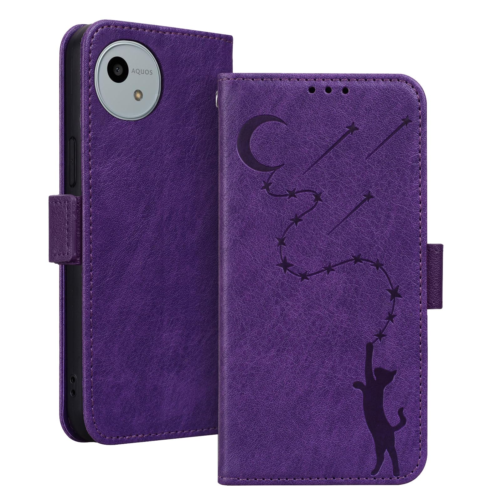 Aquos wish 4 ケース SH-52E A402SH ケース スタンド機能 マグネット カード収納シャープ アクオス ウッシュ4 カバー 人気 おしゃれ 耐衝撃 全面保護 aquos wish 4 スマホケース 月と流れ星 可愛い 猫柄 柔らかいT