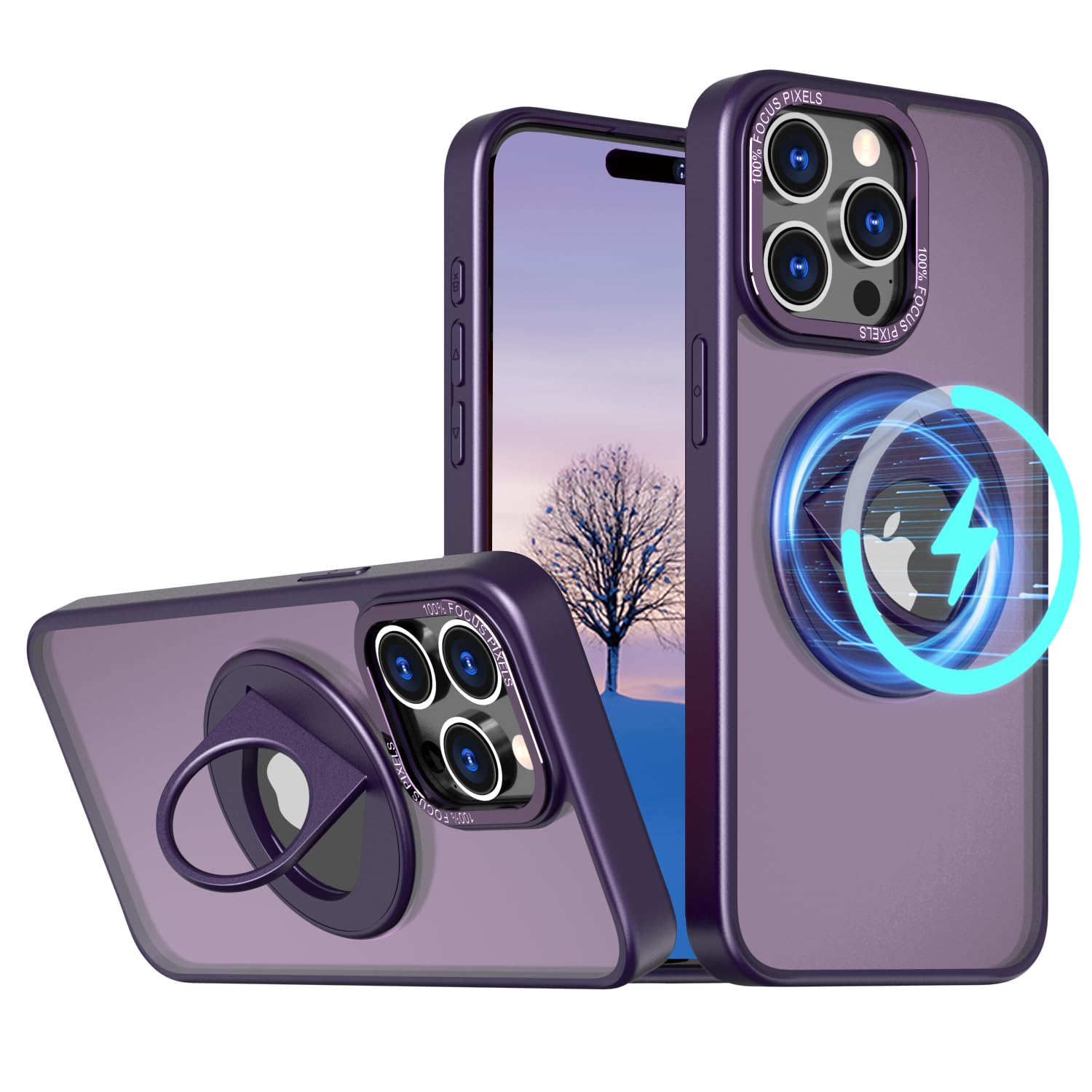 iPhone15 Pro Max 用 ケース【360°回転ブラケット】【隠しスタンド リング付き】360°回転スタンド マグネット搭載 縦横両対応 角度調整可 ストレスを和らげる リング 指紋防止 ワイアレス充電対応 マット感 いphone15Pro Ma