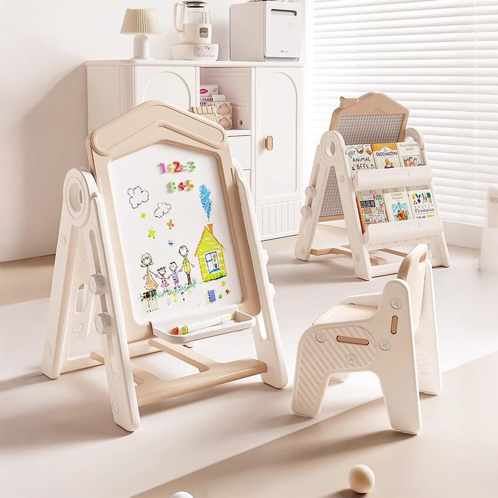 ZOOBLY お絵描きボード 【おえかきボード+本棚+椅子セット】 子供 ホワイトボード マグネット おえかきボード 大きい イーゼル 折りたたみ 収納付き 知...
