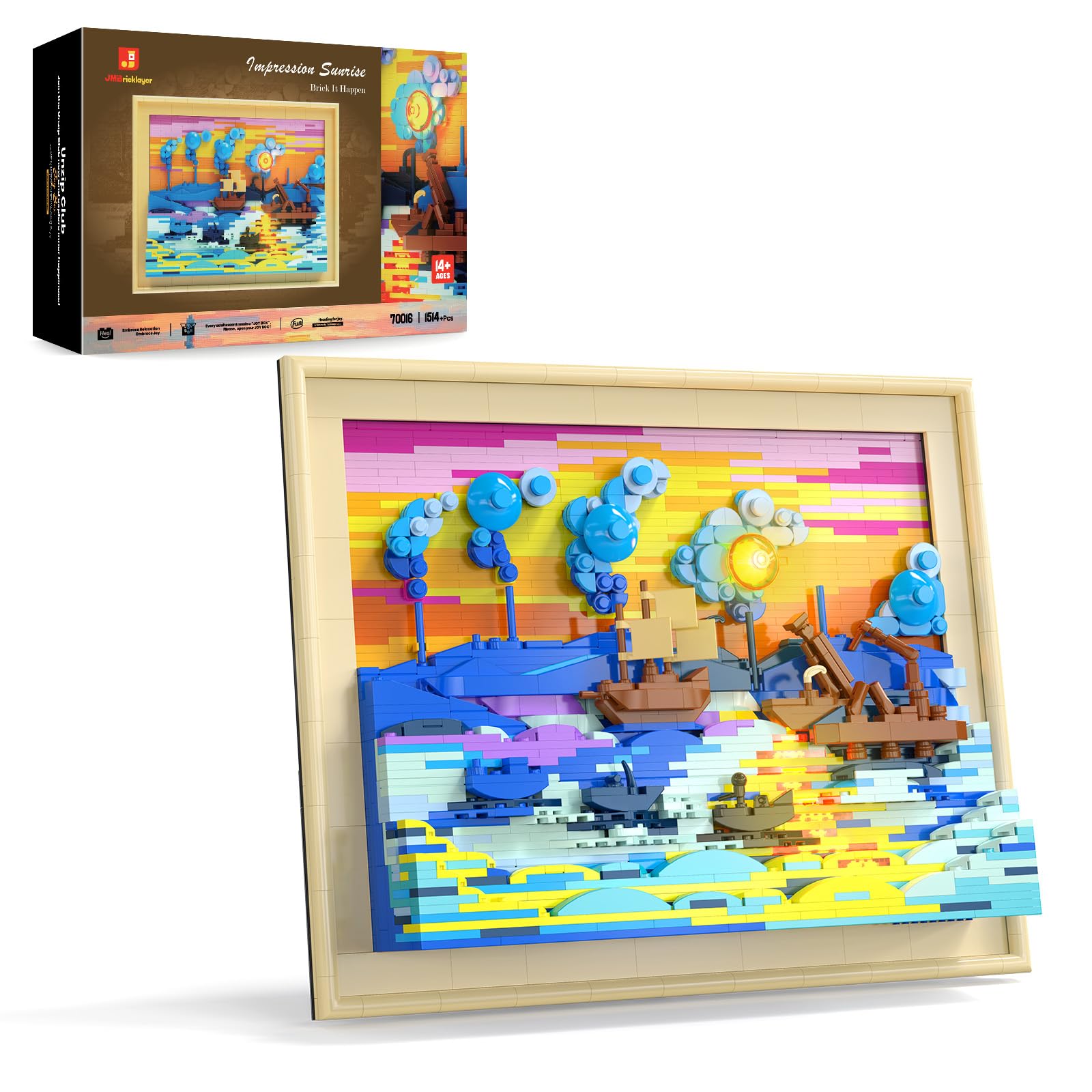 JMBricklayer 印象・日の出 ブロックセット ライト付き 70016、3Dモネ 壁掛けアート 工芸品、大人向け アートペインティングフレーム ホームウ...