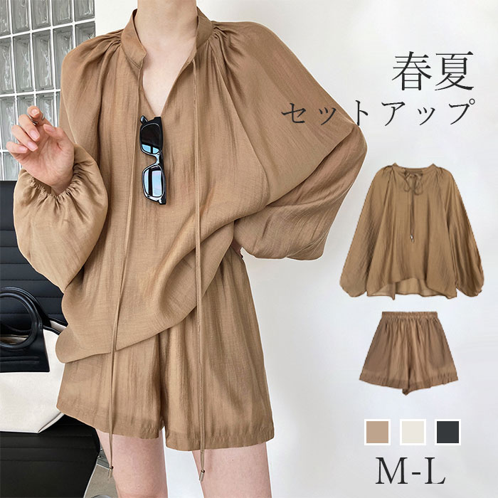 セットアップ レディース レディース シャツ ブラウス カジュアル 定番 着痩せ ルームウェア 部屋着 上下セット きれいめ ファッション 通勤 長袖トップス ショートパンツ ショーパン ウエストゴム ゆったり かわい 合わせやすい 体型カバー 涼しい Vネック 散歩 海 お洒落