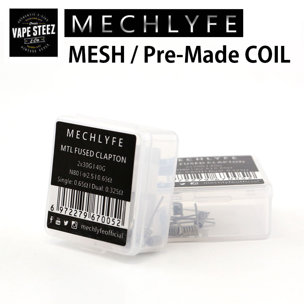 MECHILYFE - MESH / Pre-Made COILの商品ページです。 MESH COIL MESH COIL Kanthal A1 0.26Ω Kanthal A1 16X5.8mm Single: 0.26Ω Dual: 0.13Ω 10pcs/pack MESH COIL Kanthal A1 0.13Ω Kanthal A1 16X6.8mm Single: 0.13Ω Dual: 0.065Ω 10pcs/pack MESH COIL Ni80 0.22Ω Ni80 16X5.8mm Single: 0.22Ω Dual: 0.11Ω 10pcs/pack Pre-Made COIL CLAPTON 0.50Ω 24G 32G N80 Φ3.0 Single: 0.50Ω Dual: 0.25Ω 6pcs/pack FUSED CLAPTON 0.30Ω 2x26G 40G N80 Φ3.0 Single: 0.30Ω Dual: 0.15Ω 6pcs/pack TRIPLE CLAPTON 0.30Ω 3x28G 38G N80 Φ3.0 Single: 0.30Ω Dual: 0.15Ω 6pcs/pack FORTH CLAPTON 0.20Ω 4x28G 38G N80 Φ3.0 Single: 0.20Ω Dual: 0.10Ω 6pcs/pack MTL FUSED CLAPTON 0.65Ω 2x30G 40G N80 Φ2.5 Single: 0.65Ω Dual: 0.325Ω 6pcs/pack SPACE FUSED CLAPTON 0.30Ω 2x26G 40G N80 Φ3.0 Single: 0.30Ω Dual: 0.15Ω 6pcs/pack ALIEN 0.30Ω 3x28G 38G N80 Φ3.0 Single: 0.30Ω Dual: 0.15Ω 6pcs/pack BIRD'S NEST 0.25Ω 4x28G+2X36G N80 Φ3 Single: 0.25Ω Dual: 0.125Ω 6pcs/pack INTERLOCKED ALIEN 0.25Ω 4x28G+2x36G N80 Φ3.0 Single: 0.25Ω Dual: 0.125Ω 6pcs/pack STAPLE STAGGERED 0.20Ω 2x28G+20G*32G+36G+34G N80 Φ3.0 Single: 0.20Ω Dual: 0.10Ω 6pcs/pack LADDER 0.25Ω 4x28G+38G*26G N80 Φ3 Single: 0.25Ω Dual: 0.125Ω 6pcs/pack CORAL SNAKE 0.20Ω 2x26G+(26G+28G*38G)36G*4 N80 Φ3.0 Single: 0.20Ω Dual: 0.10Ω 6pcs/pack JUGGERNAUT 0.20Ω (38G+26G)x2+38Gx26G FLAT N80 Φ3.0 Single: 0.20Ω Dual: 0.10Ω 6pcs/pack 【注意】 コイルは消耗品となります。 いかなる事態でも焦げ付きによる交換対応は致しかねます。