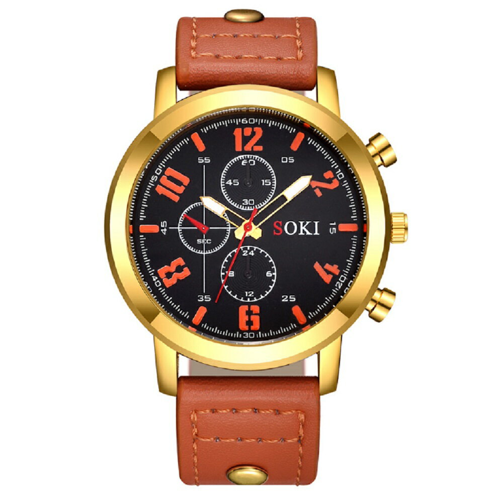 メンズ アナログクォーツウォッチ S1037 《ゴールドベゼル オレンジレザーストラップ》 腕時計 おしゃれ シンプル[定形外郵便、送料無料、代引不可]