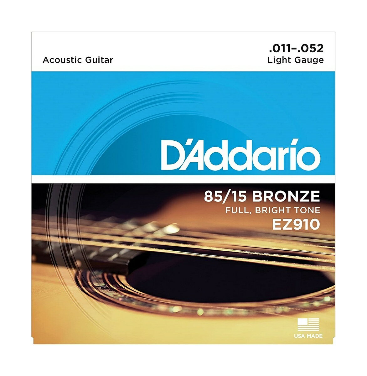 D'Addario ダダリオ アコースティックギター弦 85/15アメリカンブロンズ Light .011-.052 EZ910 商　品　説　明 ブロンズ配合比を85:15に設定した非常にブライトなサウンドを特徴とするアコースティックギター弦です。 ※仕様やパッケージは予告なく変更される場合があります。 商　品　仕　様 規格 Light .011-.052 EZ910 保　証　に　つ　い　て ■メーカー保証なし 記載の注意事項を除く初期不良品の場合のみ、商品到着から1週間以内のみ対応いたします。 ご到着後はお早めに商品状態をご確認ください。 注　意　事　項 ●こちらの商品は、未使用新品です。●モニター環境により、実際のカラーと異なって見える場合がございます。 　 【あす楽配送の注意事項】(1) 配達希望日、配達時刻の指定はできません。（ご購入手続き時の「お届け日時」は必ず「あす楽」を選択して下さい。）(2) 締め切り時刻迄に決済が完了した注文が当日発送、翌日お届けとなります。(3) 店舗休業日のご注文は翌営業日の発送となります。(4) 配送方法がゆうパックの場合のみ、あす楽を適用できます。(5) あす楽対象外の商品との同梱はあす楽の適用外となります。(6) あす楽を選択された場合は、あす楽利用条件を必ず確認して下さい。※商品の発送は「ゆうパック優先配送」又は「定形外郵便」を選択できます。★配送方法に「定形外郵便」を選択した場合は運送便の都合上、化粧箱を外して簡易包装で発送する場合がございます。プレゼント用にご購入される場合はご注意願います。＜定形外郵便に関する注意事項＞ 　　・ 定形外郵便に関しては基本的にポストに投函する為、 配達時に何らかのトラブル等が有り、万一、購入された商品が配送事故・紛失・破損等によりお手元に届かない場合でも弊社は責任を負いかねますので予めご了承下さい。（配送中の事故等は、免責とさせて頂きます。） 　　・ 定形外郵便に関しては代金引換払い及び時間指定サービスはご利用頂けません。 　　・ 通常便と比べると到着までに時間がかかります。 　　・ 伝票番号による荷物の追跡を行うことはできません。★配送方法に「ゆうパック優先配送」を選択した場合は送付先が北海道、沖縄、離島の場合は注文金額により以下の送料が必要です。・北海道の場合、注文金額が3,980円未満は880円、3,980円以上は送料無料です。・沖縄、離島の場合、注文金額が9,800円未満は880円、9,800円以上は送料無料です。