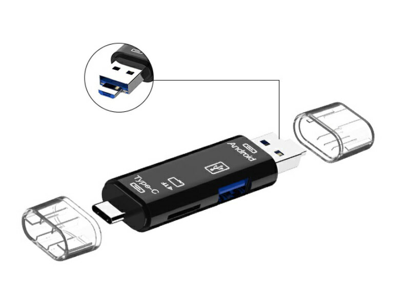 USBマルチカードリーダー USB2.0 microUSB TypeC対応 伸縮変形タイプ 《ブラック》[定形外郵便、送料無..